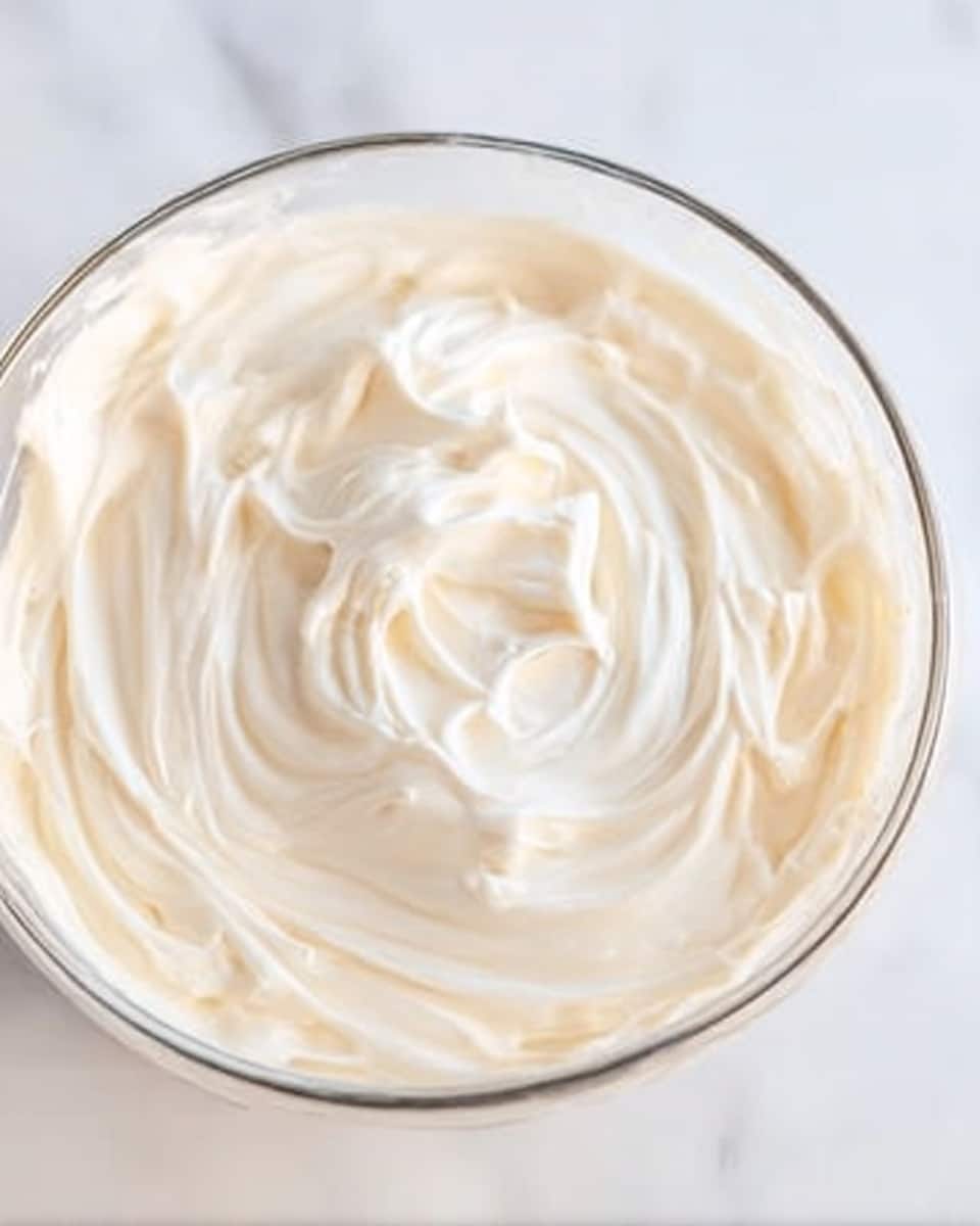 The image shows a close-up of a clear glass bowl filled with thick, smooth, pale cream. The cream has soft swirls and peaks, giving it a light and fluffy texture. The bowl is placed on a white marbled surface, which adds a clean and bright background to the creamy content. Photo taken with an iphone --ar 4:5 --v 7
