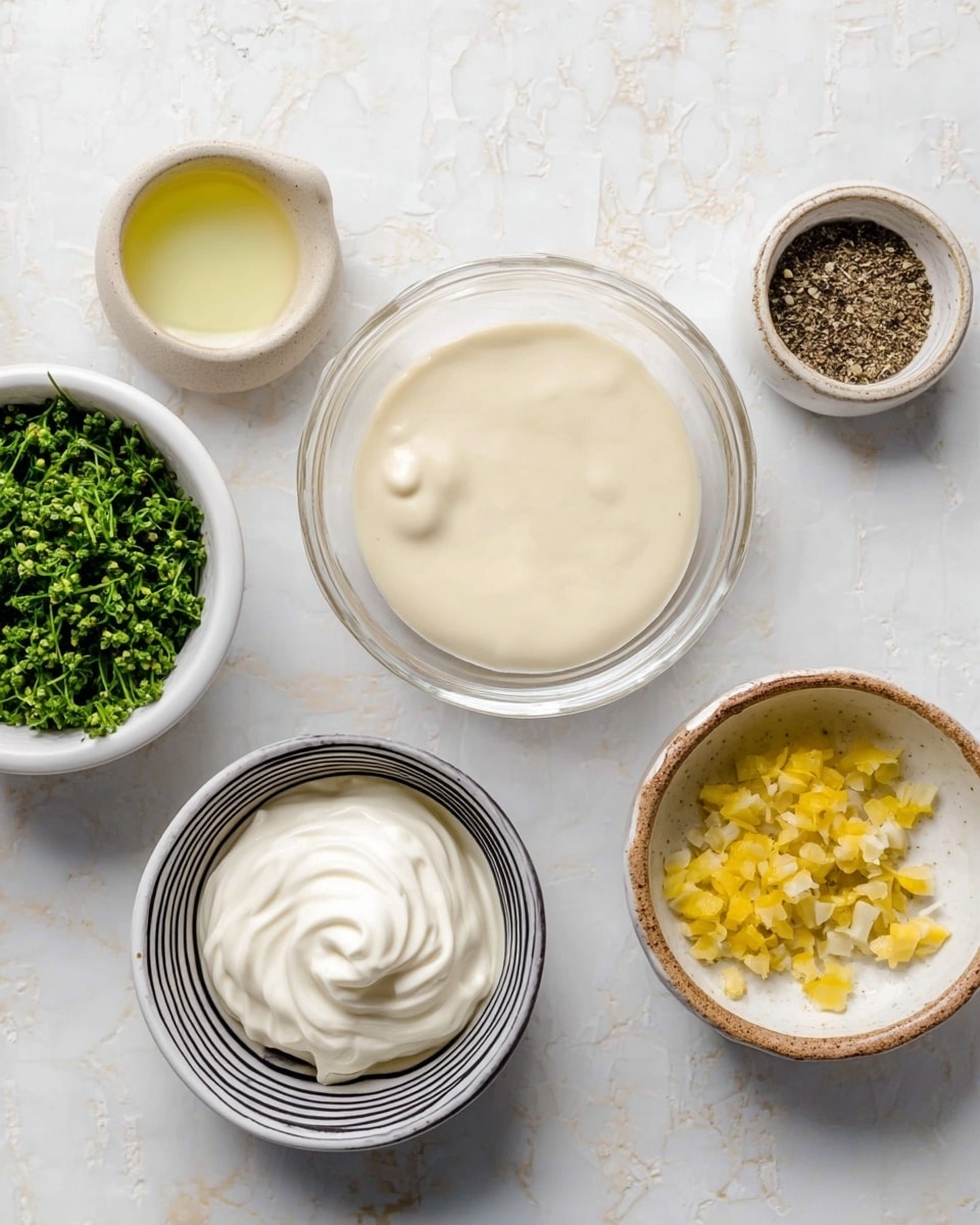 The image shows six small bowls arranged on a white marbled surface. In the center, there is a clear glass bowl filled with a thick light beige sauce. Below it, there is a white bowl with black stripes inside holding thick white cream with a swirl on top. To the right, there is a white bowl with a brown rim filled with small yellow chopped pieces. Below that, a small uneven white bowl contains a light yellow liquid. On the top left, a white bowl holds fresh green chopped herbs, while next to it a small beige bowl contains ground black pepper. Photo taken with an iphone --ar 4:5 --v 7