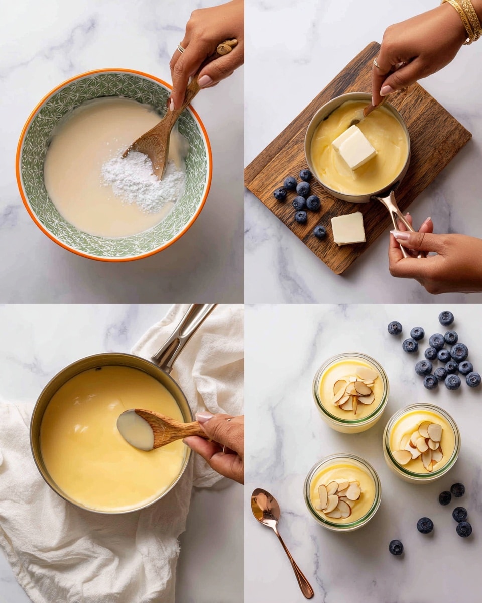 The image shows a four-step process of making a creamy dessert. In the first step, there is a bowl with a green pattern and an orange rim, filled with a light beige liquid and white powder on top, being stirred with a wooden spoon held by a woman's hand above a white marbled surface. The second step shows a small metal pan on a wooden board with the creamy mixture inside, a cube of butter melting on top, and a woman's hand stirring with a wooden spatula, all on a white marbled surface. The third step shows the same metal pan on the wooden board, now filled with a smooth yellow custard covered with plastic wrap, still over the white marbled surface. The final step features two small glass jars filled with pale yellow creamy custard topped with a small amount of whipped cream and sliced almonds, placed on a white cloth on a white marbled surface with scattered blueberries, a berry in soft focus, and a vanilla bean pod nearby. A woman's hand holds a spoon lifting some of the custard from the nearest jar, and a small rose gold spoon lies beside the jars. Photo taken with an iphone --ar 4:5 --v 7