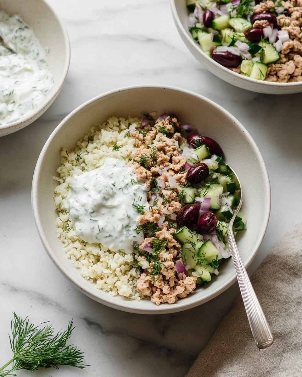 A white bowl filled with three main layers: on the left, small, soft, white grains that look like cooked cauliflower rice; on the right, light brown cooked ground meat mixed with small bits of green herbs and diced cucumber; on top of the meat, a mix of chopped cucumber, red onion, dark red olives, and fresh green dill; in the center, a dollop of creamy white sauce with visible green herb pieces. A silver spoon rests inside the bowl on the right side. In the background, there are white bowls with similar food, all placed on a white marble surface. A small sprig of dill lies on the marble near the bowl. photo taken with an iphone --ar 4:5 --v 7