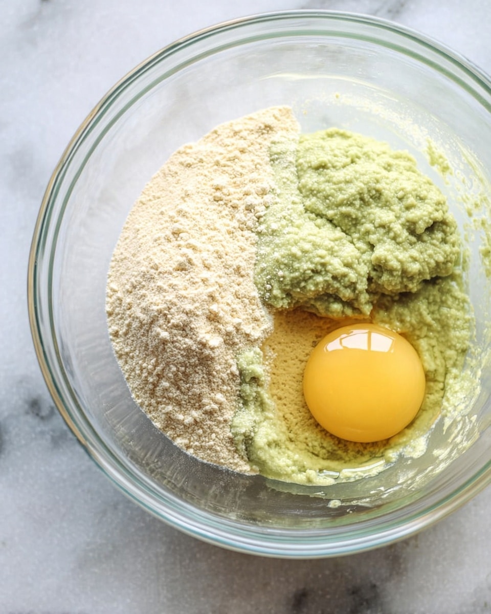 A clear glass bowl holds three ingredients layered side by side inside: on the left, a pale beige powder with a fine texture; on the right, a smooth yet slightly chunky light green mixture; and on the top right, a raw egg yolk with a bright yellow color and shiny surface. The bowl sits on a white marbled surface. The photo is taken with an iphone --ar 4:5 --v 7