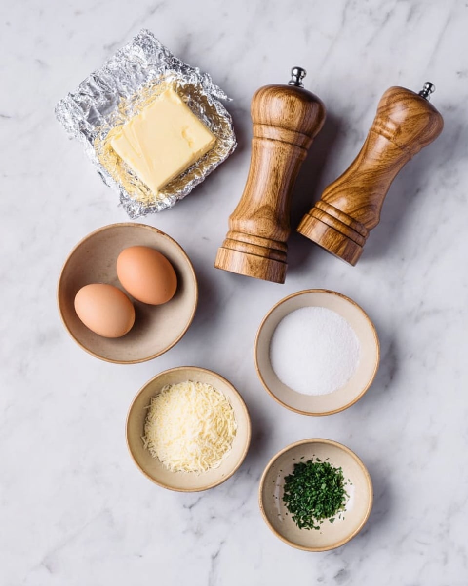 The image shows cooking ingredients on a white marbled surface. There are two brown eggs, a partially unwrapped block of pale yellow butter with a foil wrapper, two wooden pepper and salt mills, and four small beige bowls each holding different ingredients: one bowl is empty, another has white sugar, another has a light yellow grated or powdered ingredient, and the last contains small green chopped herbs. The items are neatly arranged with some space between them, all viewed from above. Photo taken with an iphone --ar 4:5 --v 7