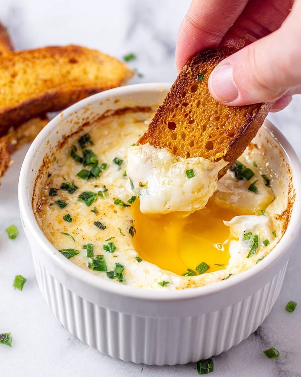 A white ramekin holds a creamy baked egg dish topped with melted cheese and small pieces of green herbs scattered on its surface. The egg yolk is bright yellow and partially broken, oozing out within the ramekin. A woman's hand is dipping a golden-brown, crispy toasted bread piece into the yolk. The ramekin sits on a white marbled surface with some more green herbs around it. photo taken with an iphone --ar 4:5 --v 7