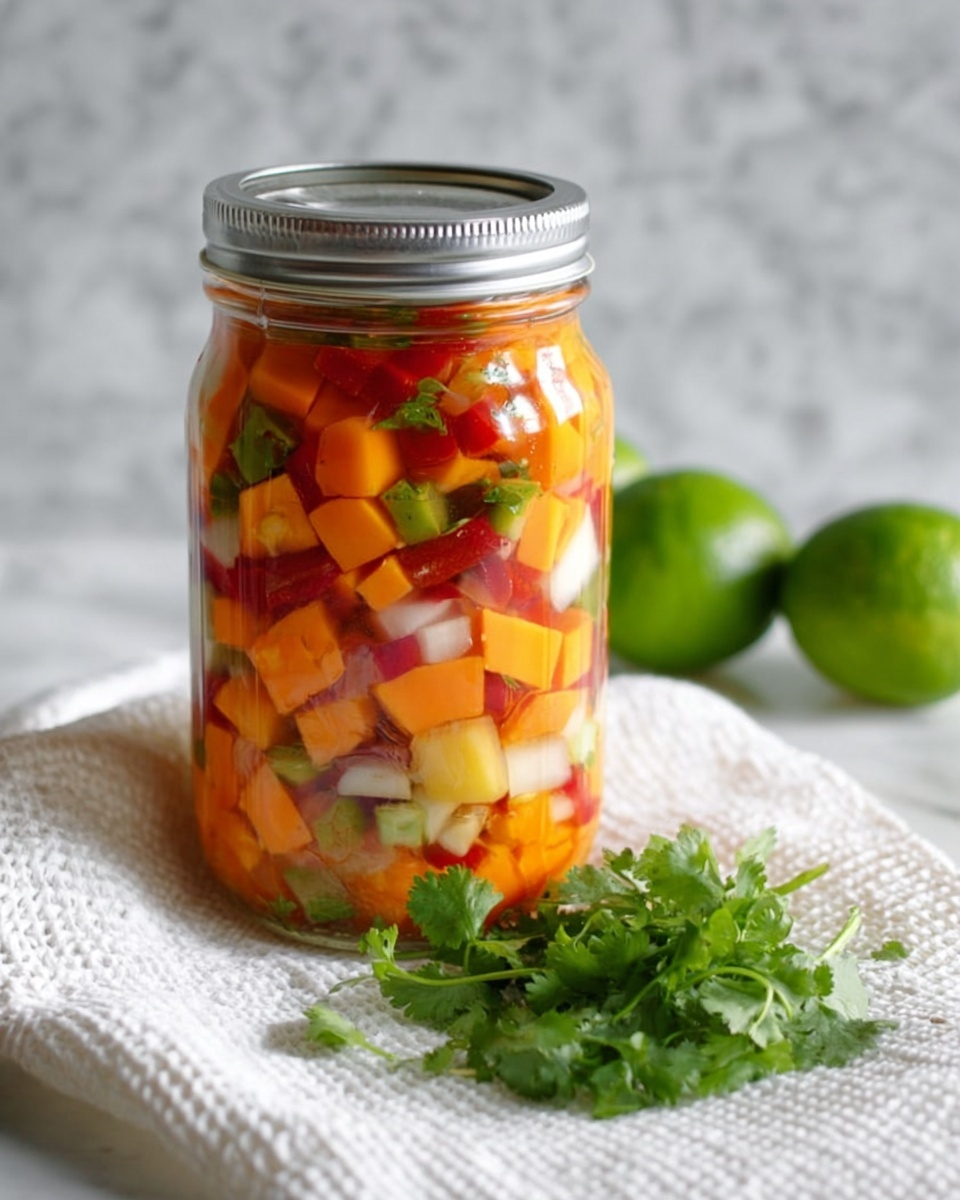 A tall clear glass jar filled with small cubes of bright orange, red, white, and green vegetables, layered closely together inside the jar. The jar has a silver metal lid tightly sealed on top. The jar is placed on a white textured cloth with two green limes in the background on a white marbled surface. In front of the jar is a small bunch of fresh green cilantro leaves lying flat on the cloth. The lighting is soft, showing the fresh colors of the vegetables. photo taken with an iphone --ar 4:5 --v 7