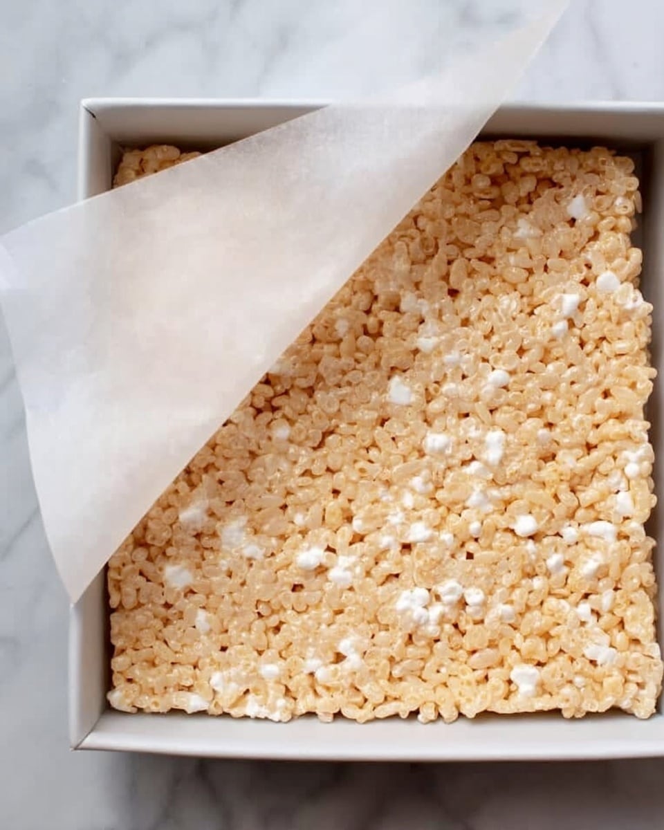 A close-up image of a square white pan filled with a light golden crispy treat made of small rice cereal pieces mixed with white marshmallow bits. A piece of parchment paper is peeled back from the bottom left corner, revealing the textured surface of the treat, which looks sticky and chunky with small fluffy white marshmallow spots spread evenly. The pan sits on a white marbled surface, providing a clean and simple backdrop. Photo taken with an iphone --ar 4:5 --v 7