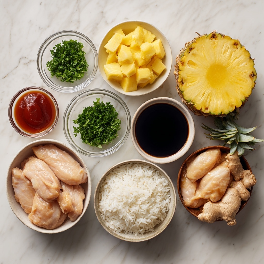 A white bowl filled with a base layer of plain white rice, topped with three dark brown grilled chicken pieces that have clear char lines, and three bright yellow grilled pineapple rings also showing dark grill marks. The chicken and pineapple are sprinkled with small chopped green herbs, and a few larger flat green leaves are placed on top for garnish. The bowl is set on a white marbled surface with a small bowl of green herbs visible in the blurred background. photo taken with an iphone --ar 4:5 --v 7