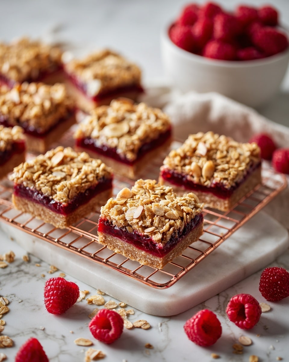 The image shows nine square oat bars on a copper wire rack placed on a white marbled surface. Each oat bar has two main layers: the bottom layer is deep red, looking like a raspberry jam or fruit filling, with a glossy texture; the top layer is golden brown, crumbly granola with visible oat flakes and sliced almonds spread unevenly, giving a rough texture. Around the rack are scattered fresh raspberries and a white bowl filled with bright red raspberries. The lighting highlights the textures and colors brightly, making the oat bars look fresh and appetizing. Photo taken with an iphone --ar 4:5 --v 7