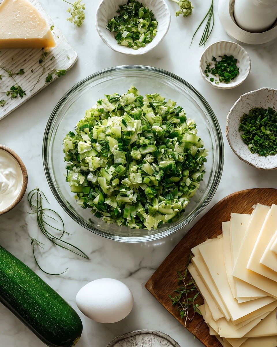 The image shows a large clear glass bowl filled with chopped green herbs and vegetables, mostly light green in color with some darker green bits on top. Around the bowl are small white dishes holding various ingredients: one dish has small chopped green herbs, another has a creamy white sauce, and a small white bowl has finely chopped green herbs as well. On one side, there is a wooden board with slices of pale cheese and sprigs of fresh green herbs. A whole green cucumber is placed on the white marbled surface nearby, along with a white egg and a white grinder. The scene is bright and clean, with everything arranged neatly on the white marbled surface. photo taken with an iphone --ar 4:5 --v 7