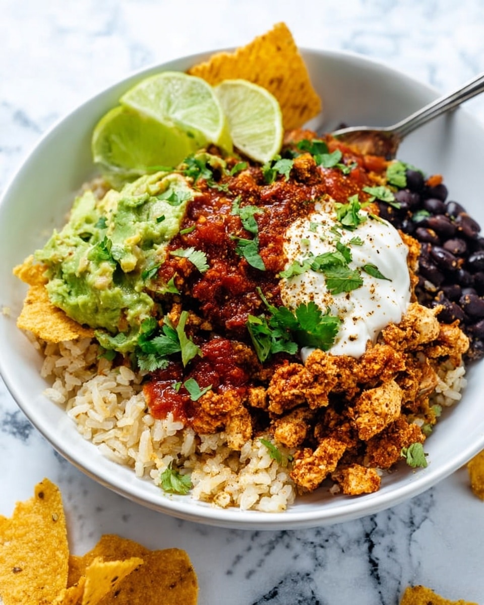 A white bowl holds a layered dish on a white marbled table. The bottom layer is light brown rice with a soft texture. On top of the rice is a layer of chunky red sauce and crumbled, textured brownish tofu or veggie protein. Near the tofu are black beans, creamy green guacamole, and a dollop of white sour cream with a sprinkle of spices. Pieces of fresh green cilantro are scattered on top, and two bright green lime wedges sit at the side. A spoon leans inside the bowl, and a few broken yellow tortilla chips are placed around the bowl. The overall look is colorful with a mix of soft and crunchy textures. Photo taken with an iphone --ar 4:5 --v 7