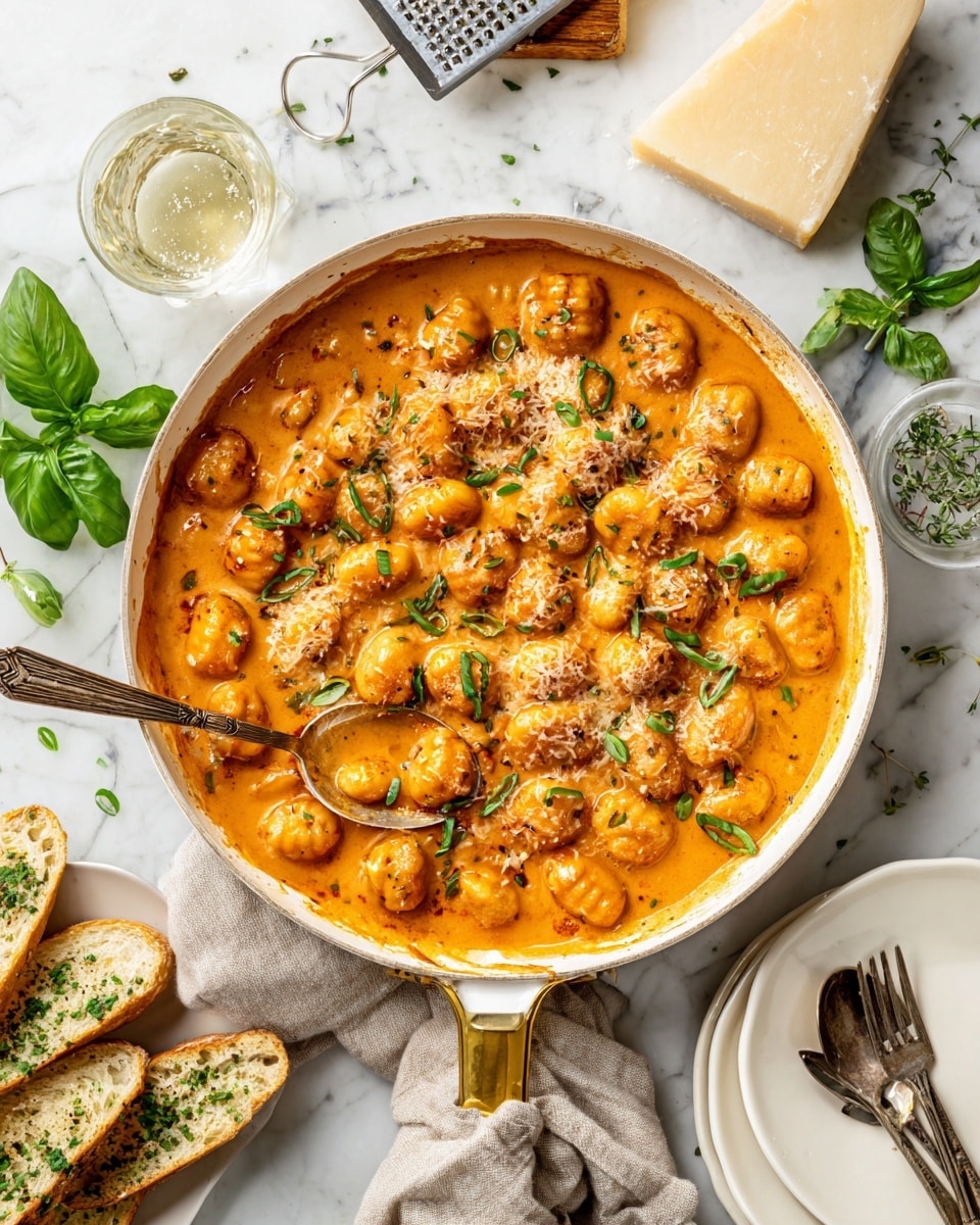 The image shows a white pan filled with a rich, creamy orange sauce with many pieces of gnocchi coated in the sauce. The gnocchi are round and golden, mixed evenly and topped with thinly sliced green herbs scattered all over. The sauce looks smooth and thick with some melted cheese on top. The pan has a gold handle and a silver spoon rests inside it on the left side, partly sunk in the gnocchi. Around the pan, there is a white marbled surface with some green basil leaves, a small glass of liquid, a block of parmesan cheese with a grater, and a small stack of white plates with a spoon on top. There is also a white plate at the bottom left with pieces of bread sprinkled with green herbs. photo taken with an iphone --ar 4:5 --v 7