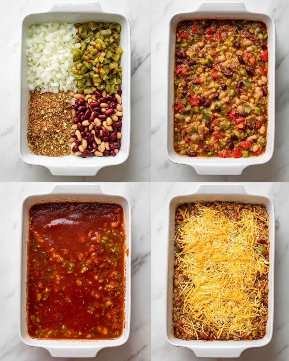 A white rectangular baking dish with four images showing the cooking process of a layered bean and rice casserole. The first image shows raw ingredients in separate sections: top left has chopped white onions; next to it is diced green peppers and red tomatoes; bottom left is a mix of red and white beans with spices sprinkled over them; and on the right is a pool of red sauce. In the second image, all ingredients are mixed together as a liquid with visible beans, onions, peppers, and tomatoes in a reddish broth. The third image shows the mixture thickened and cooked with the liquid mostly absorbed, revealing cooked beans, rice, and vegetables in a dense and hearty texture. The fourth image shows the same dish but topped with a melted layer of bright yellow shredded cheese, slightly browned at the edges. The dish is placed on a white marbled surface. Photo taken with an iphone --ar 4:5 --v 7