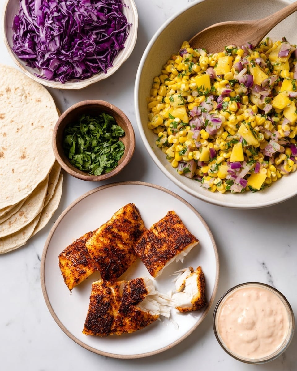 The image shows a white plate with three pieces of seasoned and cooked fish, one piece slightly shredded showing the flaky inside. Above it, there is a large white bowl filled with a bright mix of yellow corn, diced pineapple, red onion, and green herbs, with a wooden spoon resting in it. To the top left, a white bowl contains shredded purple cabbage. Next to it, a small brown bowl is filled with chopped fresh green herbs. To the far left, a stack of white corn tortillas is visible. On the right side, there is a bowl with a creamy light pink sauce. All items are placed on a white marbled surface. Photo taken with an iphone --ar 4:5 --v 7