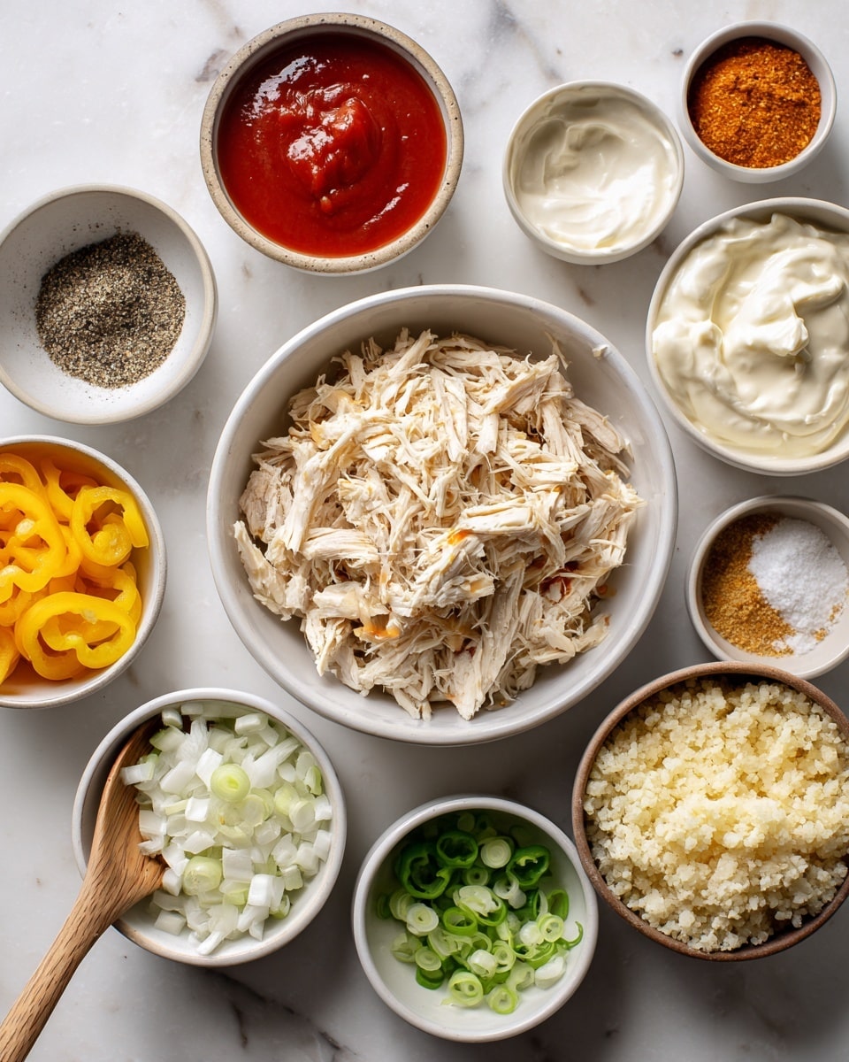 The image shows a top view of multiple white bowls arranged in a circle on a white marbled texture surface. In the center, a bowl contains shredded chicken, pale beige in color with thin, stringy texture. Surrounding it, clockwise from the top are: a bowl of bright red buffalo or hot sauce with smooth texture; a bowl full of white chopped onion pieces; a bowl with white creamy ranch sauce; a smaller bowl containing white garlic powder; a bowl with white mayo topped with light swirls; a small bowl with shredded pale yellow cheese; a white bowl with coarse salt and black pepper; a larger bowl filled with fluffy, pale yellow cauliflower rice; a bowl holding finely sliced green onions; a bowl of bright yellow banana peppers cut into rings; and a bowl filled with light orange paprika powder. A woman's hand is holding a wooden spoon inside the center bowl of shredded chicken. Photo taken with an iphone --ar 4:5 --v 7