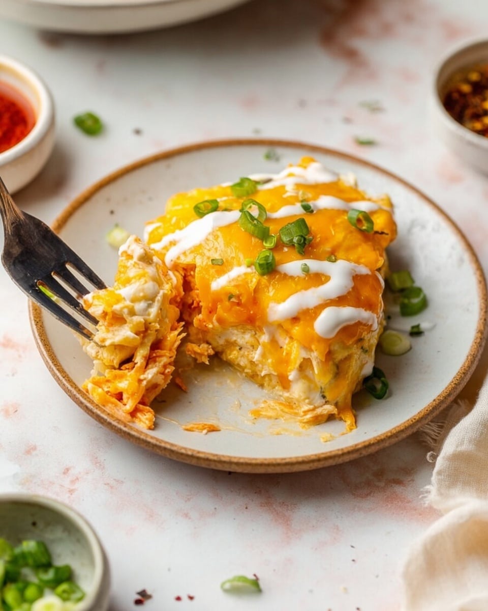 A white plate on a white marbled surface holds a single serving of a layered cheesy dish. The bottom layer is creamy and mixed with orange shredded filling, topped with a thick layer of melted golden-yellow cheese. White sauce is drizzled over the top along with small slices of green onion scattered on the cheese. A fork is touching the food on the left side of the plate, showing the soft texture inside. A woman's hand is holding the fork. There are hints of additional dishes and seasoning bowls out of focus around the main plate. Photo taken with an iphone --ar 4:5 --v 7