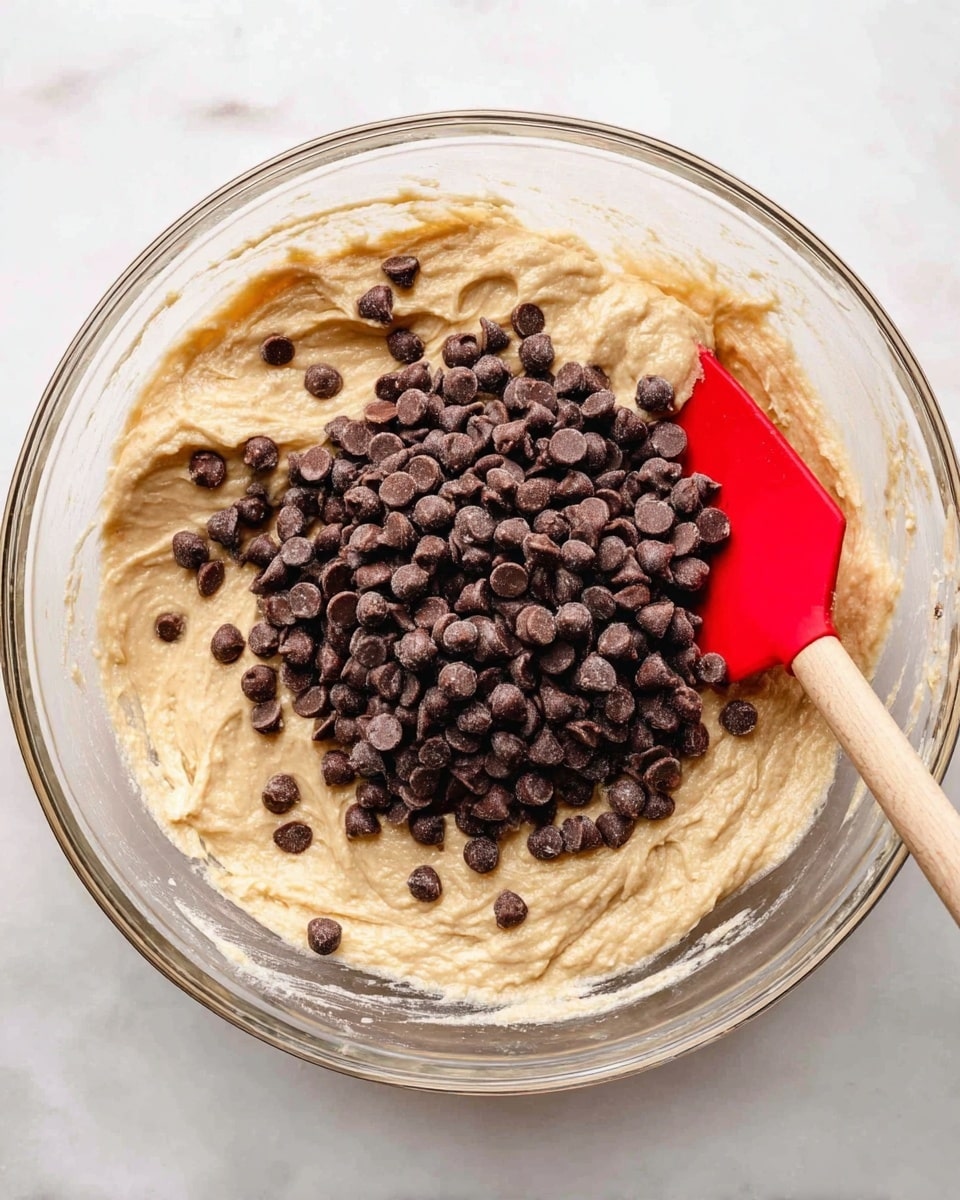 A clear glass bowl filled with thick, light beige batter that has a creamy texture, topped with a large pile of small, dark brown chocolate chips clustered in the center. A red spatula with a wooden handle rests in the batter on the right side of the bowl, partially covered with the batter and some chocolate chips. The bowl sits on a white marbled surface. photo taken with an iphone --ar 4:5 --v 7
