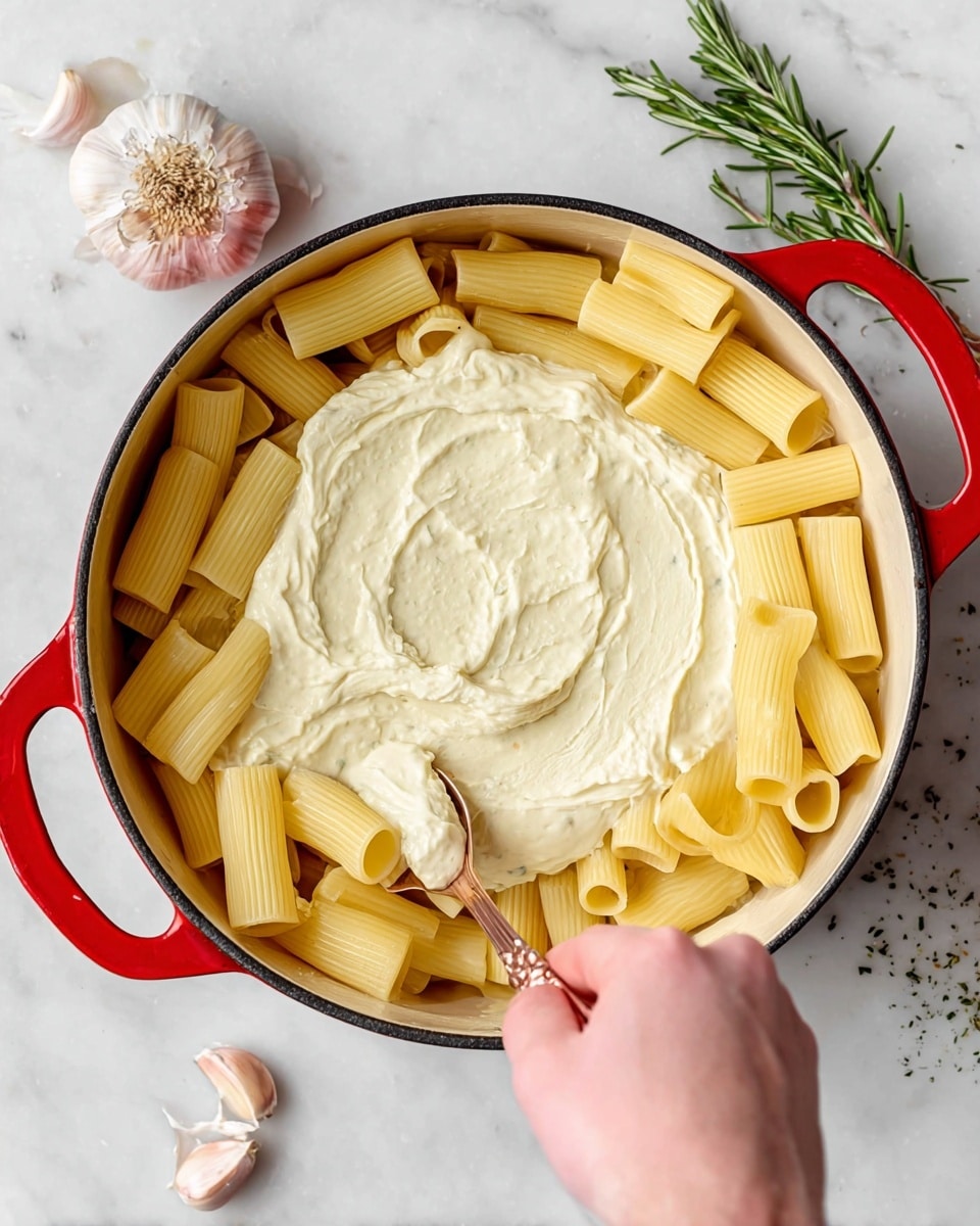 A white pot filled with tube-shaped pasta that is pale yellow in color, sitting on a white marbled surface. A creamy white sauce with a thick, smooth texture is being poured from a metal pan into the pot, covering half of the pasta on top. In the background, a red and white checkered cloth is slightly visible. Photo taken with an iphone --ar 4:5 --v 7