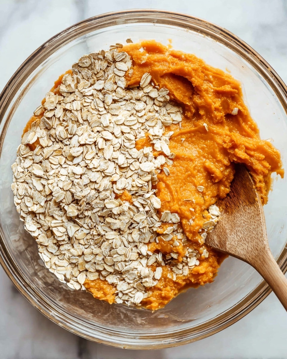 A clear glass bowl contains two main layers: a thick bright orange layer of mashed sweet potato and a loose layer of light beige rolled oats scattered on top. A wooden spoon is resting inside the bowl on the right side, with some oats stuck to it. The bowl is placed on a white marbled surface. photo taken with an iphone --ar 4:5 --v 7