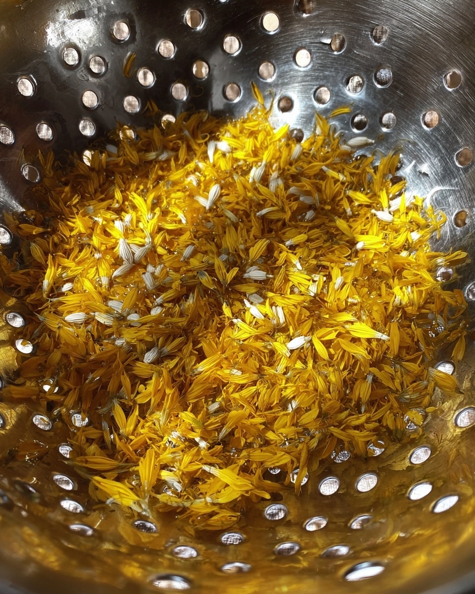 A close-up image of a shiny metal colander filled with many small yellow flower petals with some white tips mixed in, spread evenly inside the colander with round holes visible in the metal. The background shows parts of the colander's reflective surface with light and shadow play. photo taken with an iphone --ar 4:5 --v 7