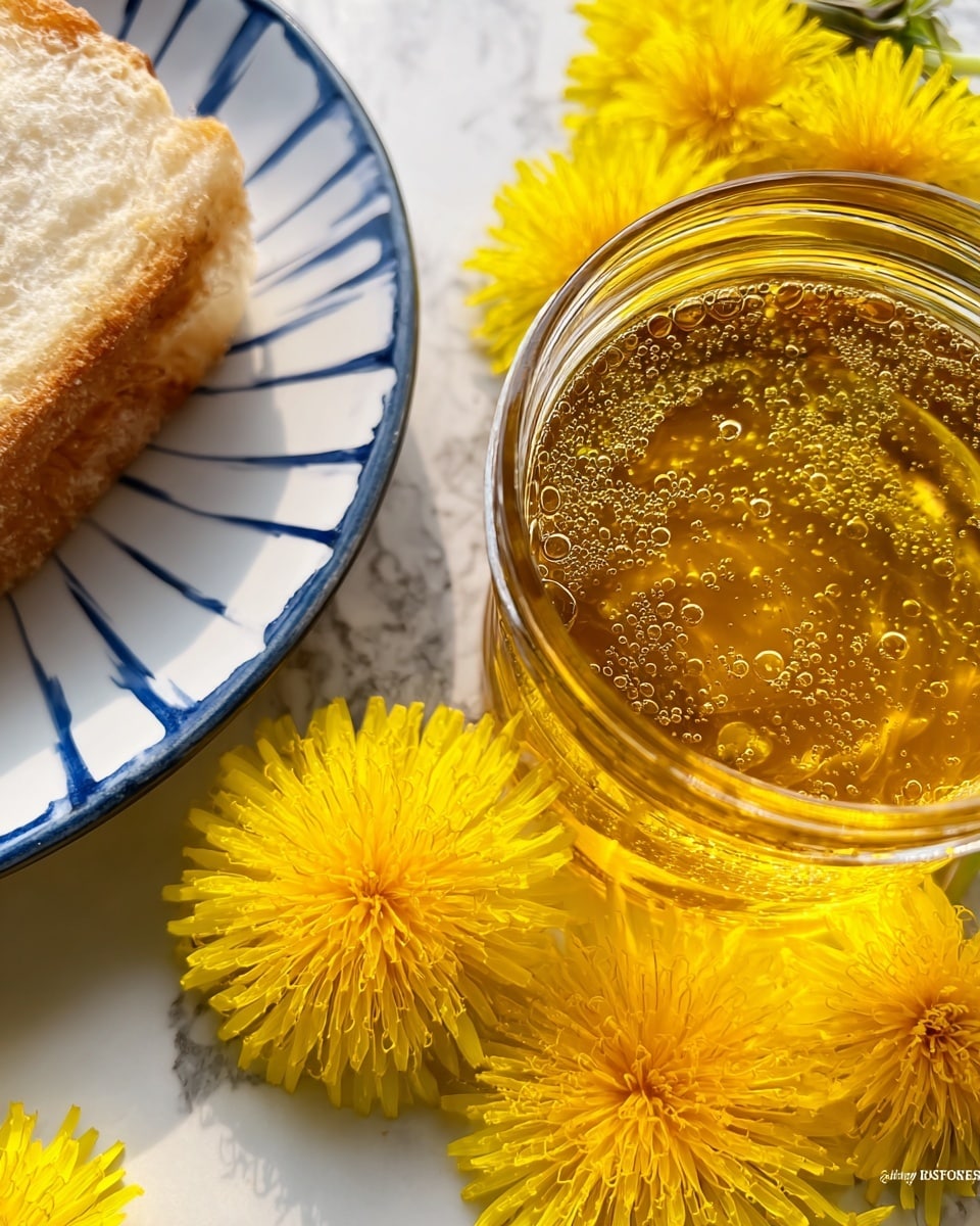 The image shows a close-up of a jar filled with thick, golden honey that shines brightly with bubbles inside. Around the jar, there are several bright yellow dandelion flowers with soft, layered petals. Part of a white plate with blue stripes can be seen on the left side, holding a piece of bread. All items are placed on a surface with a white marbled texture that gives a clean and fresh look. photo taken with an iphone --ar 4:5 --v 7