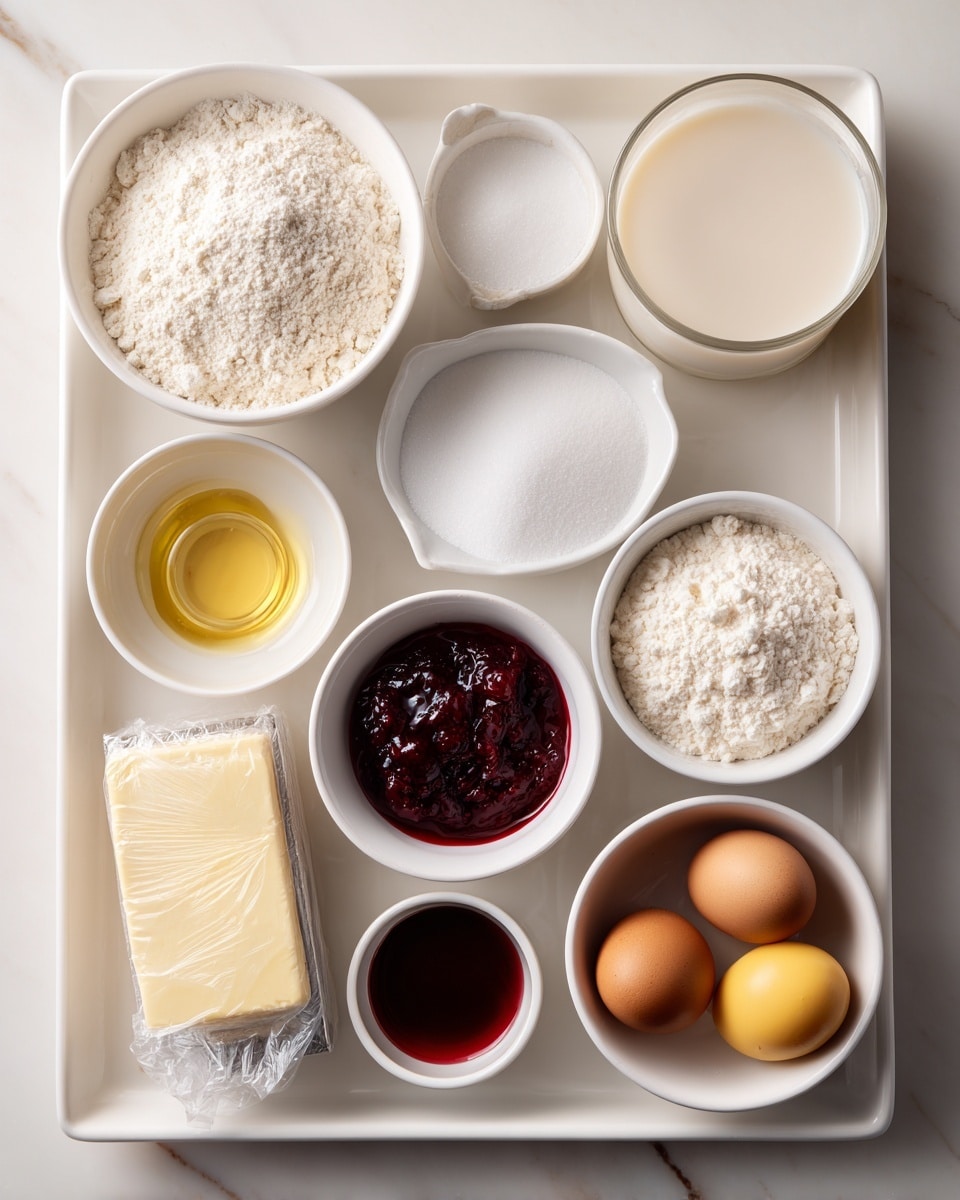 The image shows a white tray with nine small white bowls and containers, each filled with different ingredients for baking. In the top left, a bowl holds white gluten-free flour, next to a glass of light beige milk at the top right. Below the flour is a small white bowl with white baking powder, soda, and salt. To the right is a bowl filled with white sugar. In the bottom left corner is a bowl with golden oil, beside a small white container holding dark vanilla and almond extract. In the center left, a wrapped stick of light yellow butter lies flat. Next to the butter is a white bowl filled with dark red berry jam. Finally, in the bottom right corner is a bowl with three yellow eggs. The background is a white marbled texture photo taken with an iphone --ar 4:5 --v 7