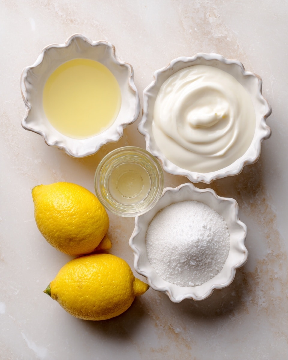 The image shows a white scalloped bowl with light yellow lemon juice on the top left, a clear measuring cup filled with thick white heavy cream near the center right, and a matching white scalloped bowl filled with fine white granulated sugar on the bottom right. Three bright yellow lemons are placed in the lower left area of the image, all resting on a white marbled surface. Small labels with black text identify each ingredient. Photo taken with an iphone --ar 4:5 --v 7