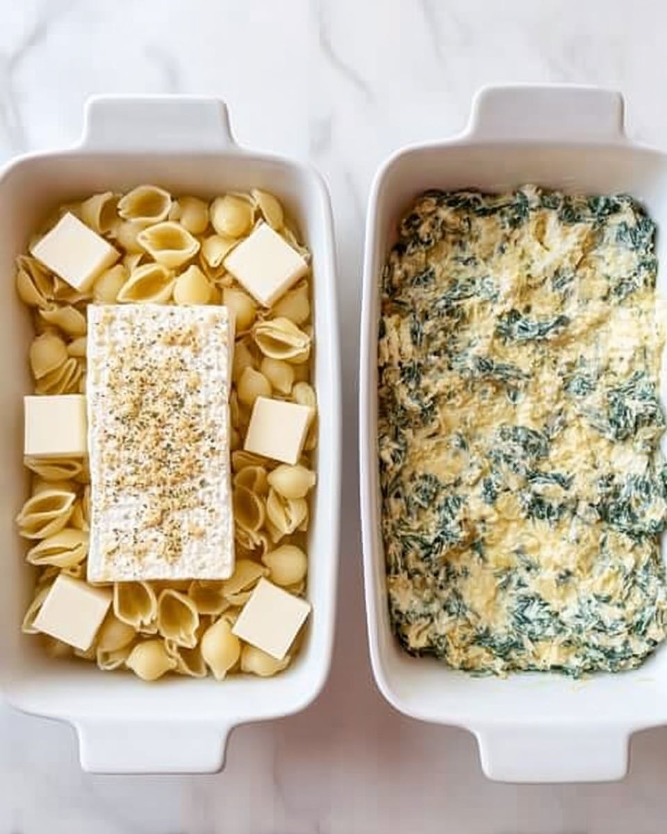 The image shows two white rectangular baking dishes placed side by side on a white marbled surface. The left dish is filled with a layer of small chopped pasta shells arranged evenly, topped with a large square of cream cheese in the center that is sprinkled with herbs and spices, surrounded by several small cubes of cream cheese placed around the edges. The right dish shows a creamy mixture spread evenly, with visible chopped spinach and melted cheese giving it a textured look with green and white colors mixed together. Photo taken with an iphone --ar 4:5 --v 7