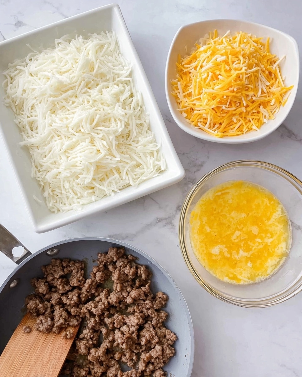 The image shows four main parts of a dish being prepared on a white marbled surface. In the top left, there is a white rectangular dish filled with a layer of white shredded potatoes spread evenly. To the right, a small white bowl filled with bright yellow shredded cheese sits. Below the cheese, a glass bowl holds a yellow mixture that looks like beaten eggs. In the bottom left corner, a gray pan contains cooked ground meat pieces that are brown and crumbly, with a wooden spatula resting on the pan’s edge. Photo taken with an iphone --ar 4:5 --v 7