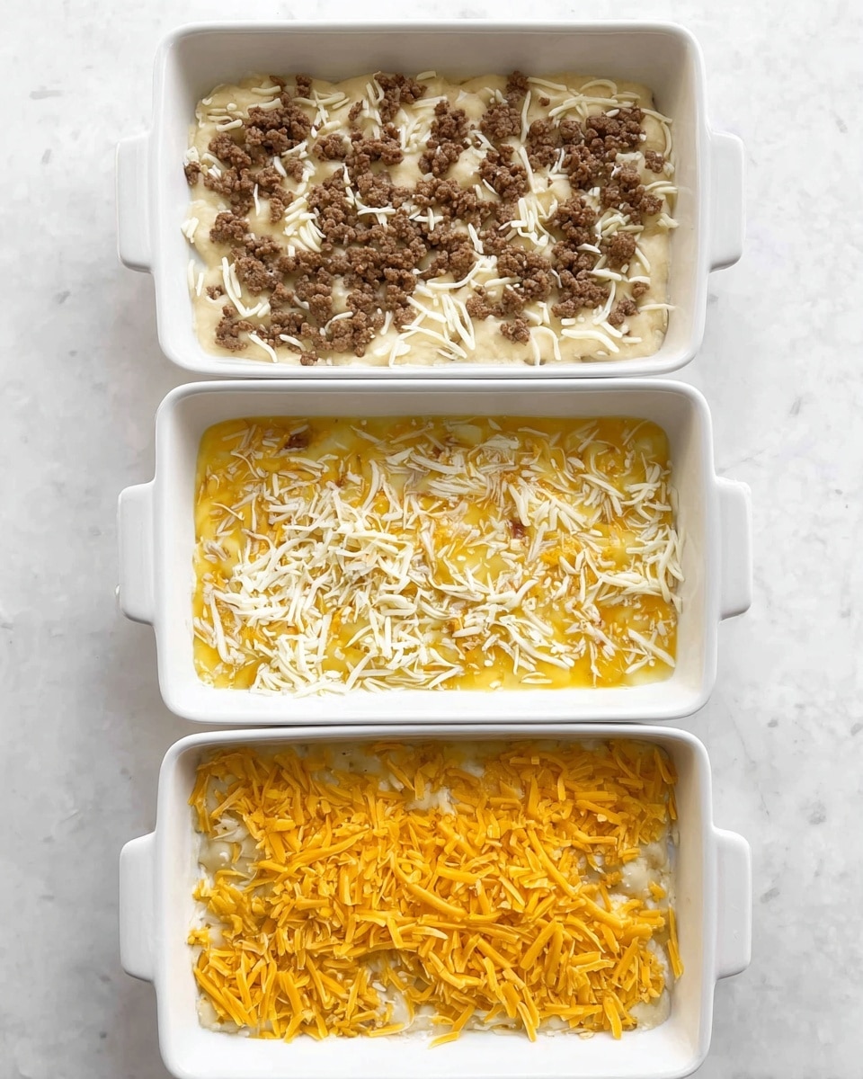 A white rectangular baking dish sits on a white marbled surface, showing five stages of a layered casserole. The first layer is small round flat dough pieces tightly placed to cover the bottom, light beige and soft in texture. The second layer is a thick spread of white shredded cheese covering the dough fully. The third layer adds cooked ground meat scattered over the cheese, brown and crumbly, unevenly spread. The fourth layer shows a yellow egg mixture poured over the meat and cheese, with meat pieces visible underneath the smooth liquid surface. The final layer is a generous sprinkle of shredded orange-yellow cheddar cheese covering everything. The lighting is bright and natural, accentuating the colors and textures clearly. Photo taken with an iphone --ar 4:5 --v 7