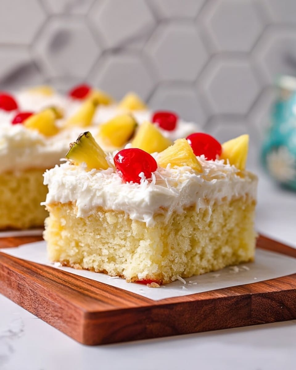 A square piece of yellow cake with a soft and moist texture forms the base layer. On top, there is a thick layer of creamy white frosting covering the entire piece. The frosting is decorated with bright red cherries and small triangular slices of yellow pineapple, evenly spaced across the surface. Shredded white coconut flakes are lightly sprinkled over the frosting, adding a fine texture. The piece of cake sits on a white piece of paper over a wooden board, with a blurred white marbled surface and faint hexagonal tile pattern in the background. photo taken with an iphone --ar 4:5 --v 7