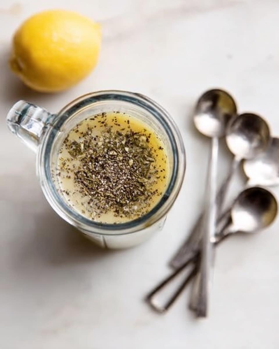 A clear glass blender jar filled with a light yellow liquid, topped with a mix of black pepper and herbs. To the right of the jar are four silver measuring spoons lined up from biggest to smallest. In the top left corner, there is a halved lemon resting on a white marbled surface. The overall scene is bright and clean with soft natural light. Photo taken with an iphone --ar 4:5 --v 7