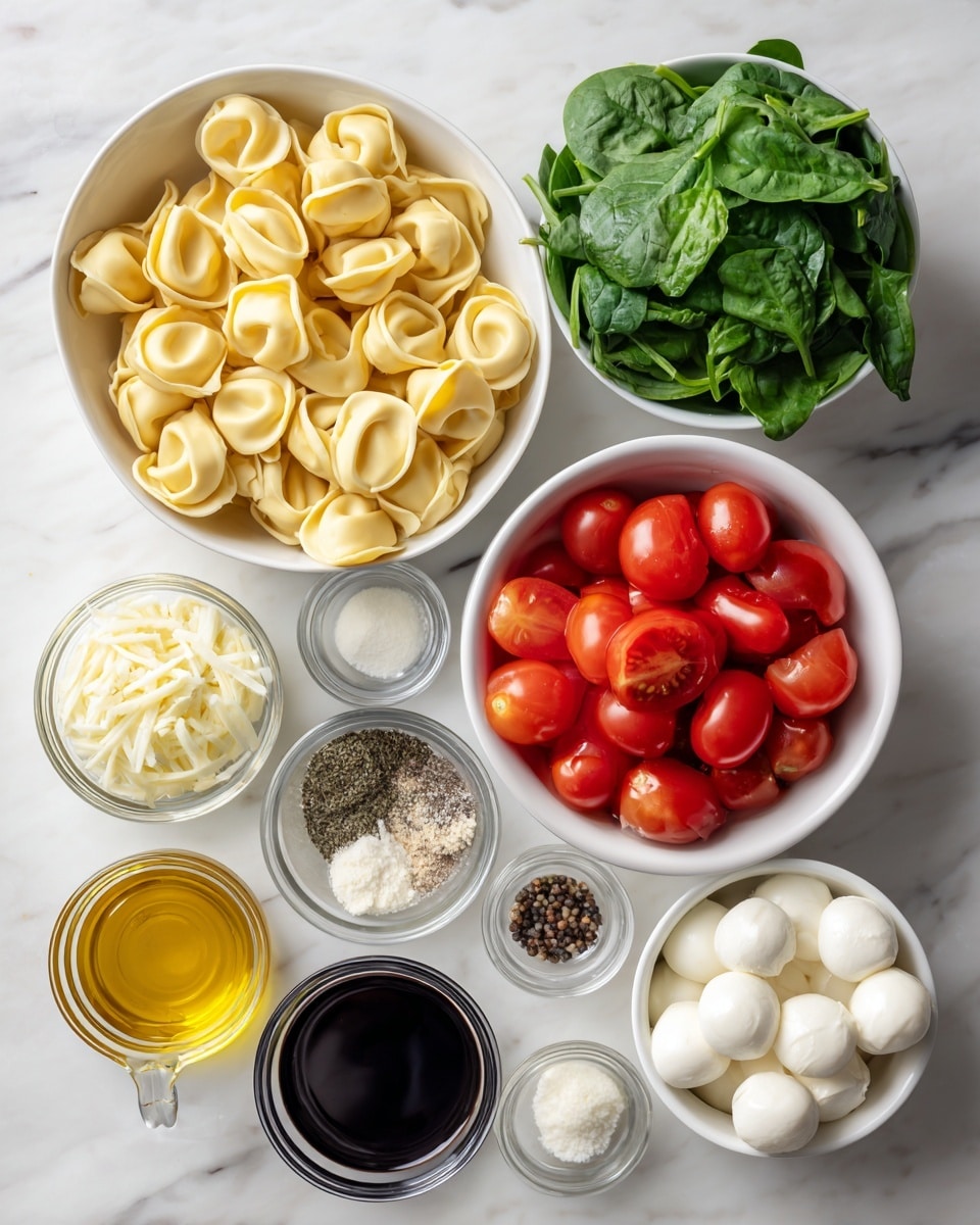 A top-down view of various ingredients arranged on a white marbled surface, each in clear or white bowls. The largest bowl holds pale yellow tortellini with a smooth texture, positioned in the top left. To the right, a medium white bowl contains bright green chopped spinach with a fresh texture. Below it, a smaller white bowl holds darker green chopped basil leaves. A medium white bowl filled with halved bright red cherry tomatoes with smooth skins sits near the center. Nearby is a small white bowl of finely chopped garlic, and next to it are two tiny clear bowls, one with white salt and black pepper, the other with coarse Italian seasoning. On the lower right, a medium white bowl contains round white mozzarella pearls. Near the bottom left, two small clear glass measuring cups hold light yellow olive oil and dark brown balsamic glaze (optional). A small white bowl with dark balsamic vinegar completes the layout. The whole scene is clearly lit, creating soft shadows. photo taken with an iphone --ar 4:5 --v 7