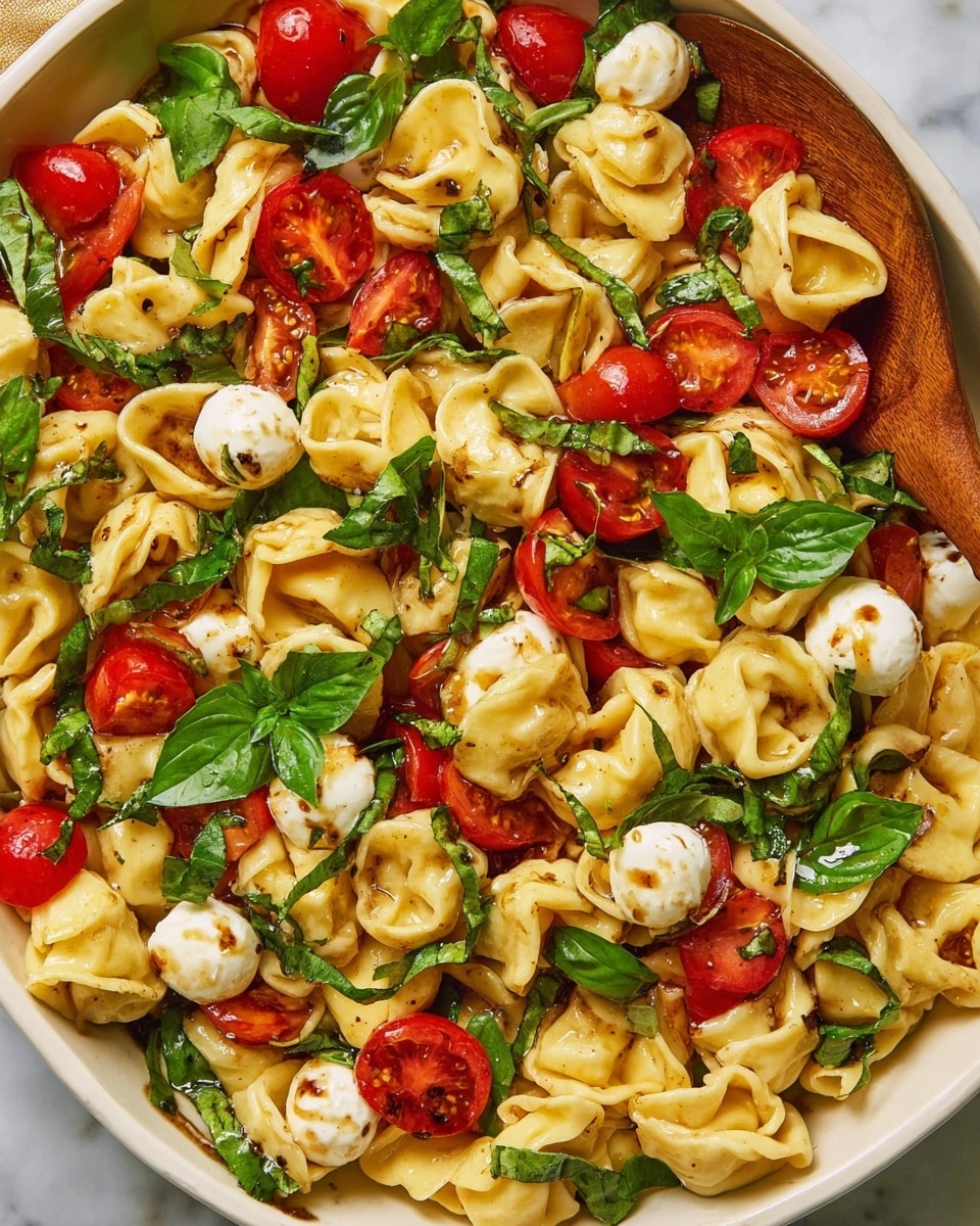 This dish is a close-up of a pasta salad with three main layers. The bottom layer is soft, light-yellow pasta shaped like small flowers or little pouches. Scattered evenly on top are bright red, halved cherry tomatoes, which show their juicy inside. Mixed throughout are fresh, thin strips of dark green basil leaves that add a leafy texture. Small white cheese balls are spread around the dish, some with a slight golden-brown color from a dressing that looks like balsamic vinegar, drizzled lightly over everything. The salad is in a white bowl with a wooden spoon partially visible on the side, all placed on a white marbled surface. photo taken with an iphone --ar 4:5 --v 7