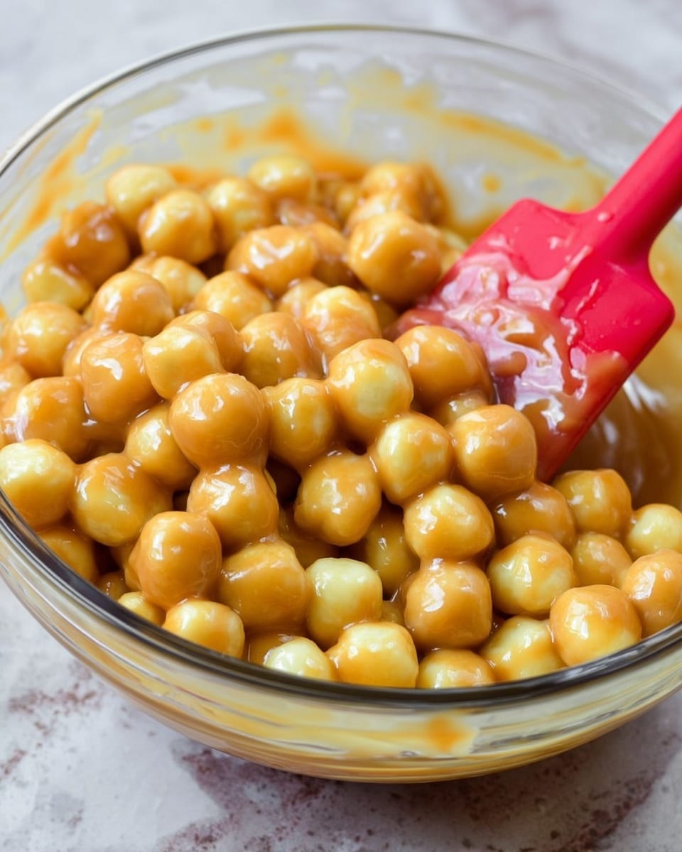 A transparent glass bowl filled with small, round, golden and light yellow pieces covered in smooth, shiny, light brown sauce. A red silicone spatula is resting inside the bowl on the right side, coated with the same sauce. The bowl is placed on a white marbled surface. The image shows a close-up view, with focus on the texture and glossiness of the coated pieces. Photo taken with an iphone --ar 4:5 --v 7