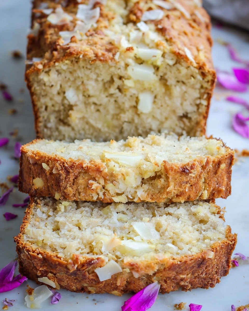 The image shows a loaf of coconut bread with three thick slices cut at the front. The bread has a golden brown crust with a rough texture, and the inside is light beige with visible chunks of white coconut pieces spread throughout. The top crust is slightly cracked, revealing a moist, crumbly inside. The loaf is placed on a white marbled surface scattered with delicate light purple flower petals, adding a soft decoration around the bread. photo taken with an iphone --ar 4:5 --v 7