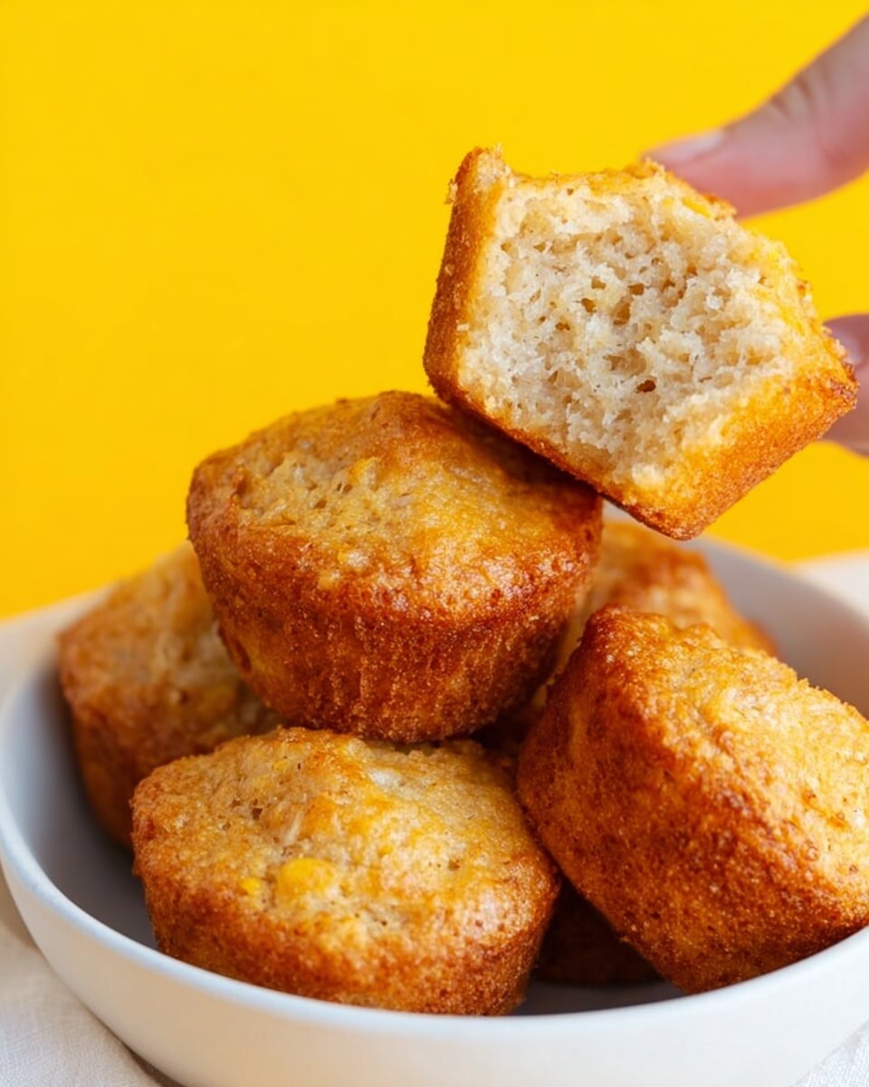 A close-up image shows five golden brown muffins with a rough, slightly crumbly texture stacked in a white bowl. One muffin is being held by a woman's hand above the bowl, showing its soft, moist inside in a light beige color with small air pockets. The bowl and muffins sit on a white marbled surface with a bright yellow background that makes the warm tones of the muffins pop. The muffins have a slightly rounded top with uneven edges suggesting a homemade feel. photo taken with an iphone --ar 4:5 --v 7