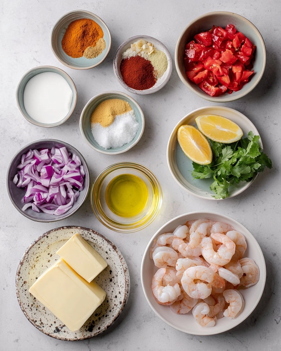 The image shows a top view of many ingredients placed on a white marbled surface. There is a white round plate holding small bowls with various spices in warm colors like orange, brown, red, and white salt, along with minced garlic, grated ginger, oil in a clear small glass, and white cream. Around this plate, on the surface, there is a small white bowl filled with red chopped tomatoes, another white bowl holding purple chopped onions, and a white bowl with a block of pale yellow butter. There is a small patterned bowl filled with raw peeled shrimp with a translucent white and pink color. Lastly, a small white container has two lemon halves with green cilantro leaves on top. The colors range from bright red, purple, and yellow to creamy and pale tones, all neatly arranged. photo taken with an iphone --ar 4:5 --v 7