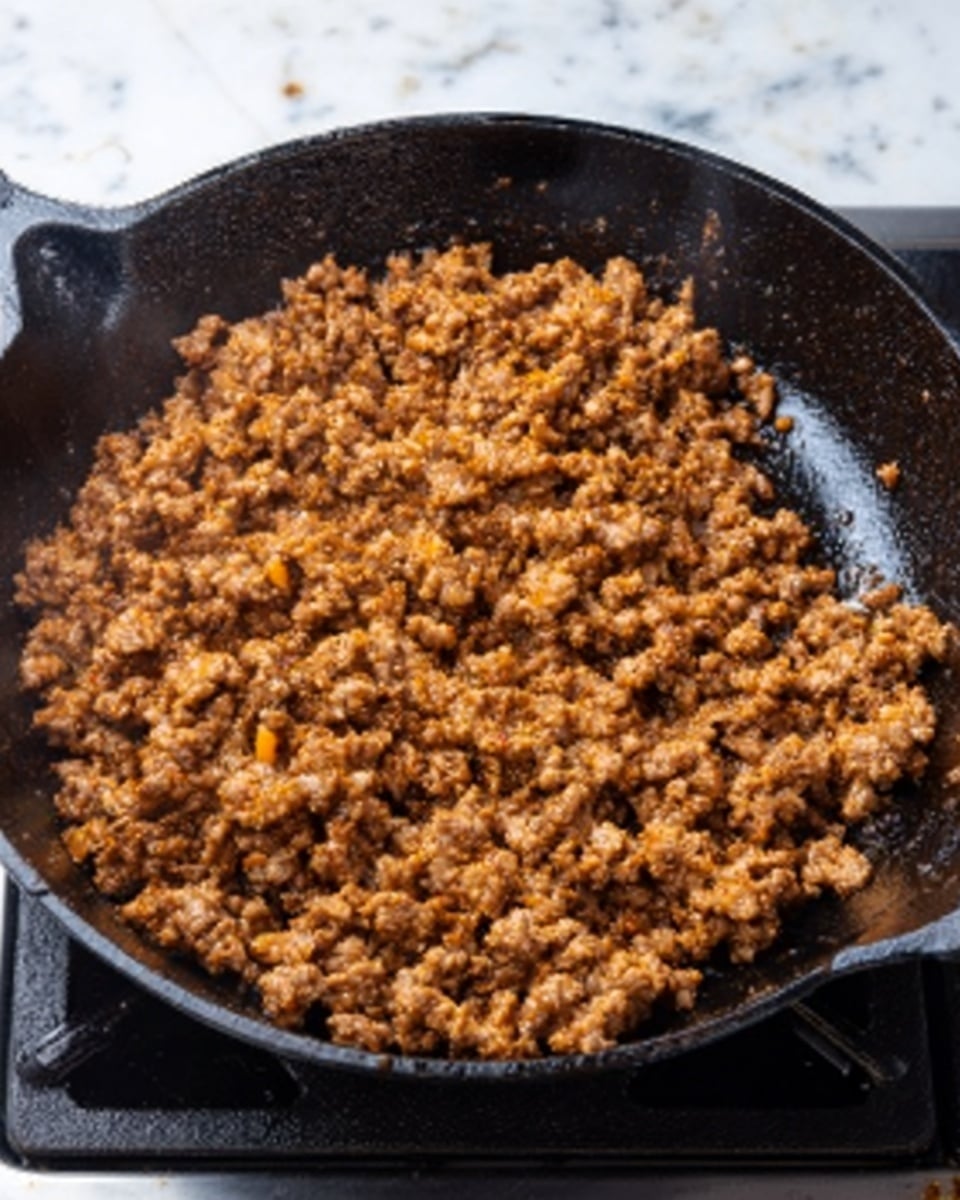A black cast iron pan is filled with cooked ground meat that has a golden brown color with some small orange bits mixed in. The meat has a crumbly texture and is evenly spread across the pan’s surface. The pan sits on a stovetop burner with a faint hint of steam rising from the hot meat. The background features a white marbled texture. photo taken with an iphone --ar 4:5 --v 7