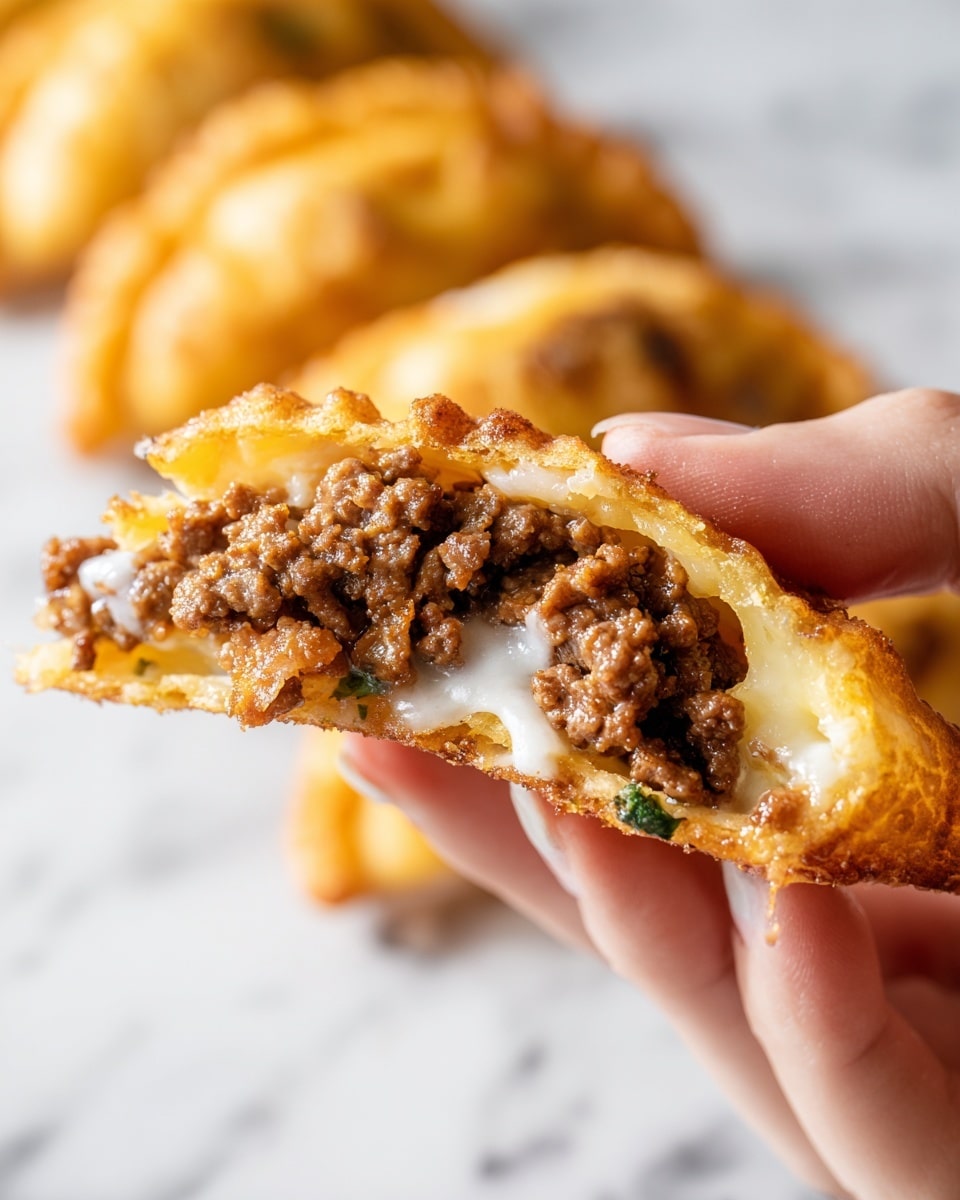 A close-up of a handheld fried pastry filled with cooked ground meat inside, showing two layers: the outer layer is golden brown with a crispy texture while the inner layer contains finely browned ground meat, soft and juicy. A small amount of white sauce is visible on one edge, and the pastry is pinched by a woman's hand against a white marbled background. More similar pastries are blurred in the background in a row. Photo taken with an iphone --ar 4:5 --v 7