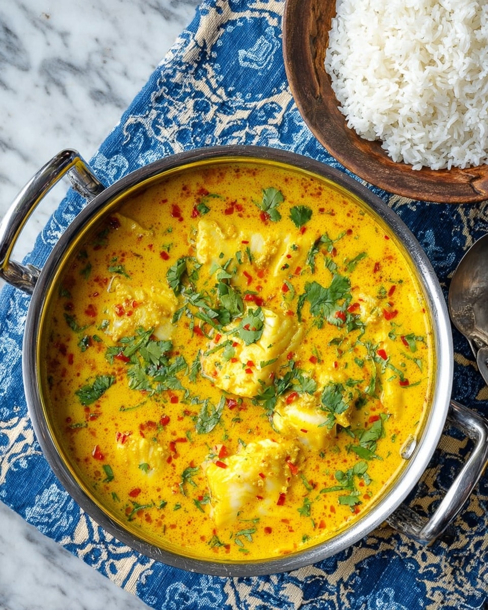 A large silver pan filled with a creamy orange-yellow curry that has visible chunks of white fish mixed with small pieces of red pepper; fresh green chopped herbs are sprinkled on top, adding contrast. The pan handle has a black grip and is resting on a blue and white patterned cloth over a rustic textured brown surface. In the background, there is a wooden bowl filled with fluffy white rice. The whole scene is set on a white marbled texture. photo taken with an iphone --ar 4:5 --v 7