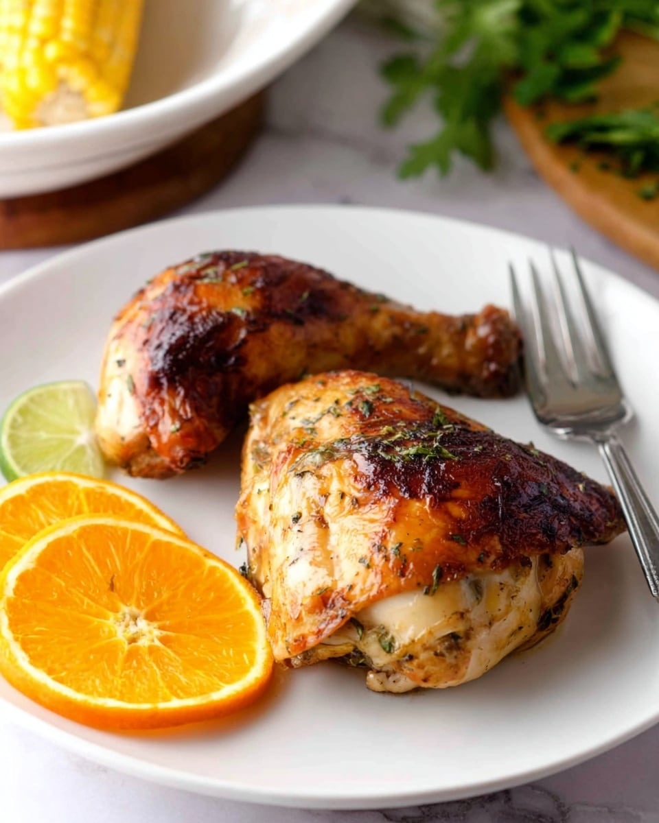 A white plate shows two roasted pieces of chicken with crispy, golden brown skin and some herbs sprinkled on top, positioned near the center of the plate with one piece slightly overlapping the other; two bright orange slices and one light green lime slice are placed on the left side of the plate, adding a pop of color. In the background, there is a white bowl with a piece of corn on the cob and some green leaves on a white marbled surface. A silver fork rests on the right edge of the plate. photo taken with an iphone --ar 4:5 --v 7