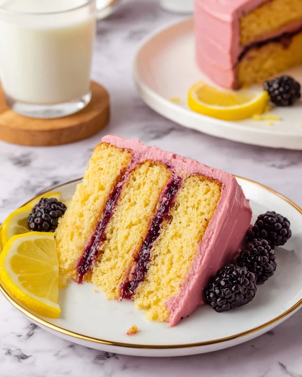 A slice of yellow three-layer cake sits on a white plate with a thin gold rim, placed on a white marbled surface. Each layer of soft yellow cake is separated by a thick dark purple jam filling, while the entire slice is coated on the sides and top with smooth, bright pink frosting. Around the plate are fresh blackberries and lemon slices, adding a pop of natural color. In the background, a second slice of the same cake on a white plate and a glass of milk on a wooden coaster are visible, all set against the white marbled texture. Photo taken with an iphone --ar 4:5 --v 7