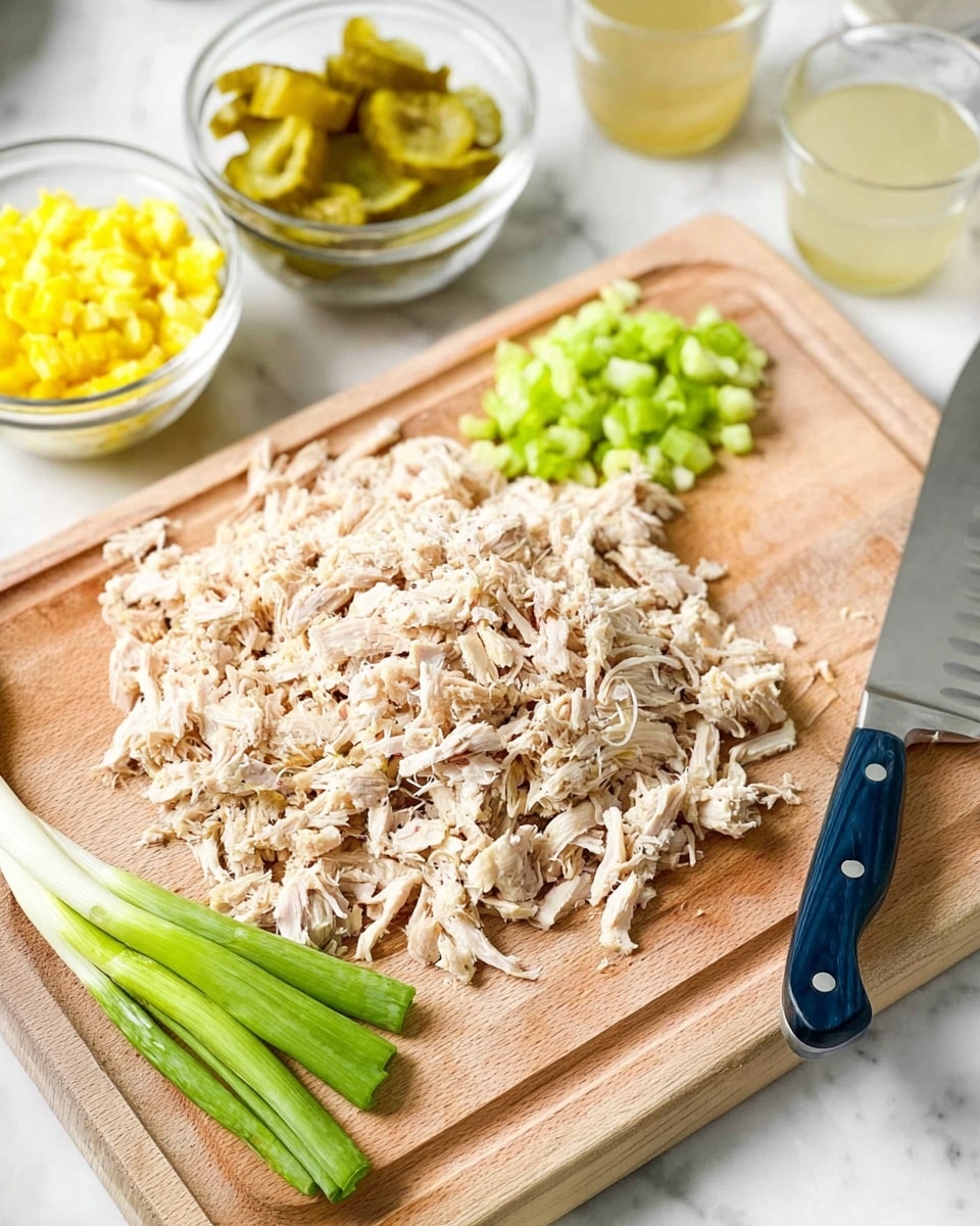 The image shows a wooden cutting board with shredded cooked chicken piled in the center, light beige in color and very finely shredded. On the left side near the top are two clear glass bowls, one filled with small chopped yellow pickles and the other with small diced pale green celery. A large sharp knife with a silver blade and a dark blue handle lies diagonally across the bottom right corner of the cutting board. At the bottom right of the board sit three green onions with white bases and long green tops. The surface underneath is a white marbled texture. Various clear glass bowls and cups containing light yellow and white sauces or liquids appear blurred in the background near the top right. Photo taken with an iphone --ar 4:5 --v 7