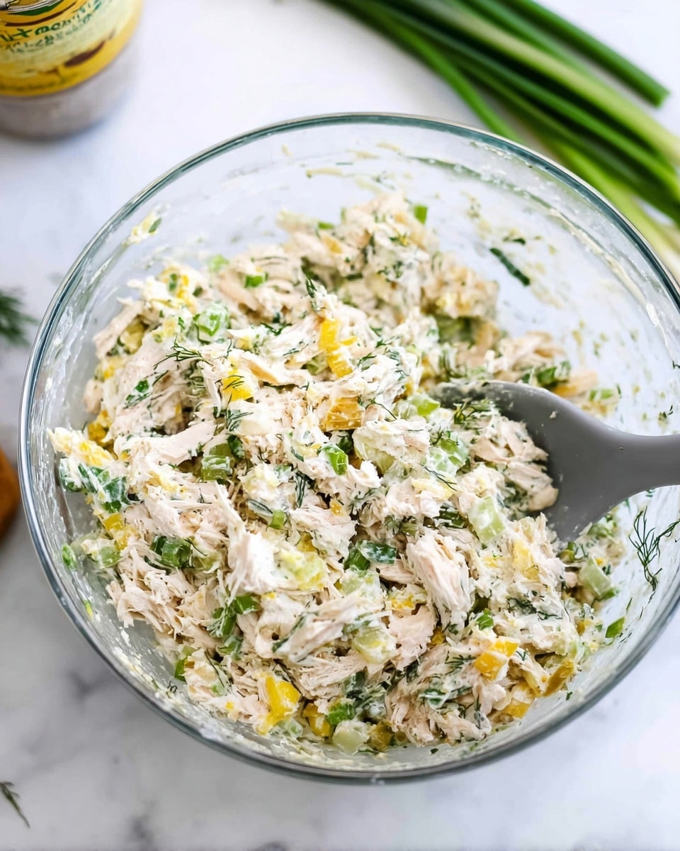 A clear glass bowl filled with a mix of shredded white meat, chopped green herbs, and pieces of yellow vegetable, all combined with a creamy sauce. The mixture looks soft and fresh with small bits of green onion and dill visible throughout. A gray spoon is partially inside the bowl on the right side, and the bowl sits on a white marbled surface. In the background, there are a few green onions lying flat and a bottle with a yellow label, both softly out of focus. photo taken with an iphone --ar 4:5 --v 7