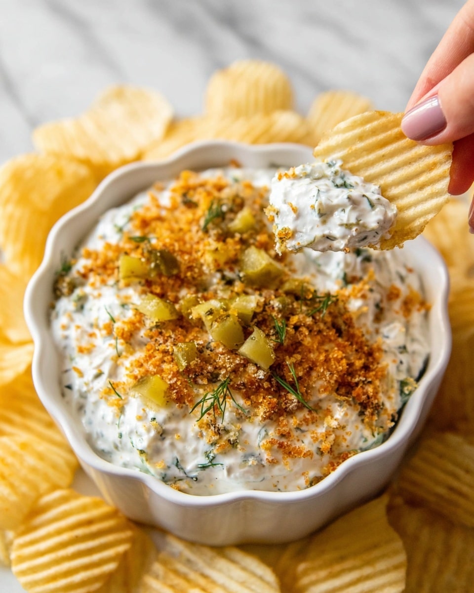 A white bowl with a wavy edge holds a creamy white dip mixed with small green herb pieces. The dip is topped with a layer of orange crumbly bits and scattered pieces of small green pickles. Around the bowl, pale yellow ridged potato chips are arranged. A woman's hand holds one chip with a thick scoop of the dip and toppings on it. The background is a white marbled texture. Photo taken with an iphone --ar 4:5 --v 7