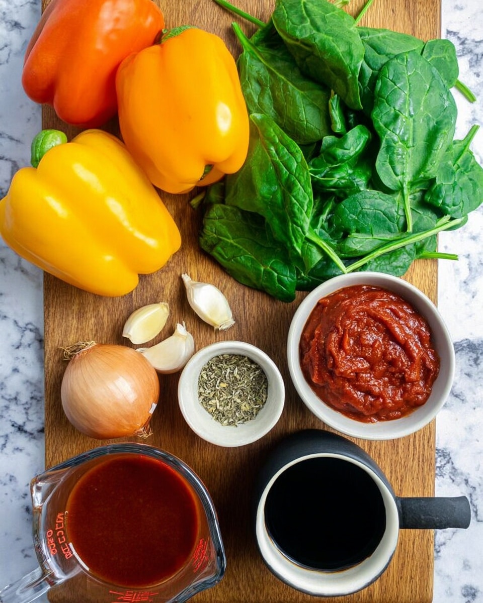 The image shows a wooden cutting board holding fresh vegetables and spices. There are two orange bell peppers and two yellow bell peppers arranged near the top left. Next to them is a bunch of green leafy spinach. Below the peppers and spinach, there are three cloves of garlic and a light brown onion. Two bowls sit on the right side: one small white bowl with dried herbs inside, and one small black bowl filled with red tomato paste. At the bottom left, there is a clear measuring cup with red liquid and next to it, a white cup filled with dark soy sauce. The whole scene is set on a white marbled texture. Photo taken with an iphone --ar 4:5 --v 7