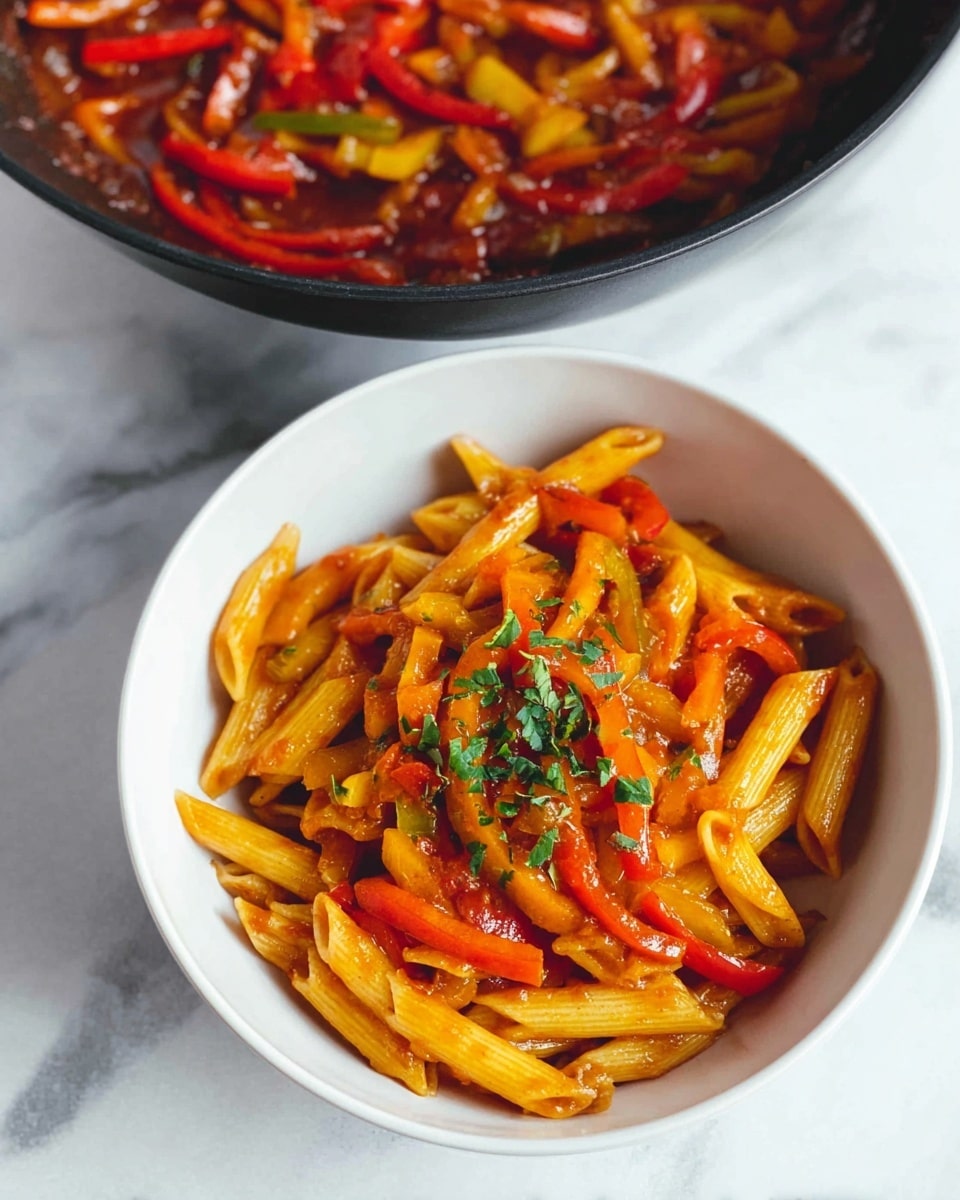 A white bowl filled with three layers of food items sits on a white marbled surface. The bottom layer is cooked penne pasta, light orange in color with a smooth and slightly glossy texture. On top of the pasta lies a layer of red and yellow cooked bell pepper strips that add vibrant color and some texture variety. The final layer is a sprinkle of small green herb leaves adding a fresh, bright contrast to the dish. Next to the bowl, a black pan containing a thick, dark red sauce with visible slices of red and yellow bell peppers is partially visible. photo taken with an iphone --ar 4:5 --v 7