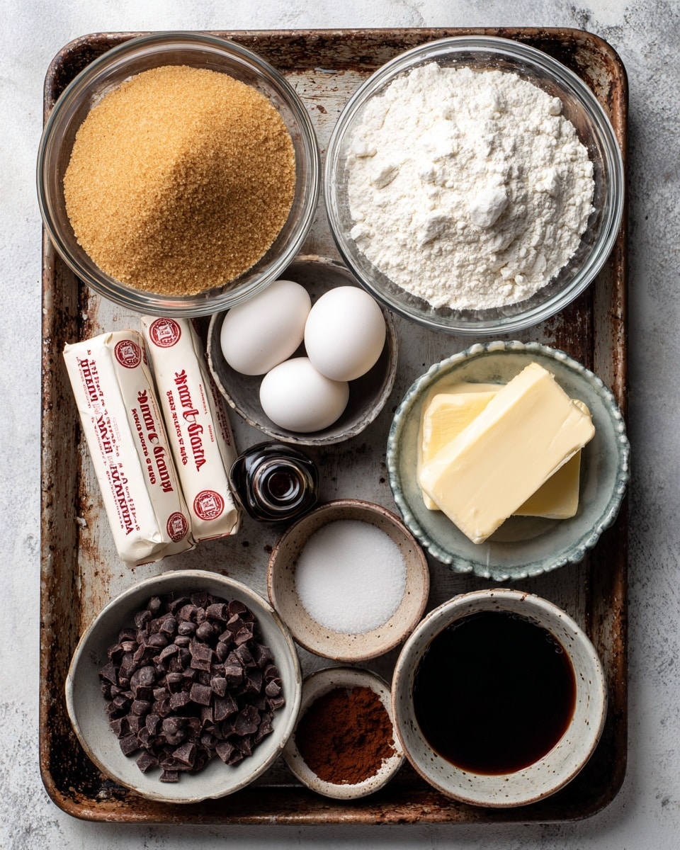 The image shows an overhead view of several clear glass bowls and ingredients on a rustic metal tray. The top left bowl holds a mound of brown sugar with a sandy texture. To its right is a larger bowl filled with white flour mixed with baking soda, baking powder, and kosher salt, creating a soft powdery layer. Below the brown sugar are two sticks of butter wrapped in paper with red text. In the center are two white eggs placed next to a small dark brown bottle of vanilla extract. To the right of the eggs is a bowl of granulated sugar with a fine white texture. Near the bottom center is a small bowl of brewed coffee, dark and shiny, next to another bowl with finely ground coffee granules in a deep brown color. At the bottom left is a bowl filled with rough, chunky dark chocolate chips. All elements are placed on a white marbled textured surface photo taken with an iphone --ar 4:5 --v 7