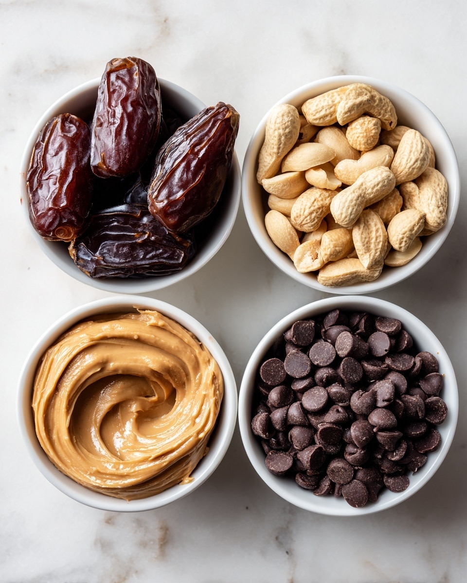 The image shows four small white bowls placed closely together on a white marbled surface. The top left bowl is filled with shiny, dark brown dates with a slightly wrinkled texture. The top right bowl contains light beige peanuts, some with skins, showing a rough and uneven texture. The bottom left bowl holds creamy peanut butter, smooth and light brown with a slightly glossy surface. The bottom right bowl is filled with dark chocolate chips, small, round, and matte with a deep blackish-brown color. The bowls are arranged in a square shape, evenly spaced. Photo taken with an iphone --ar 4:5 --v 7