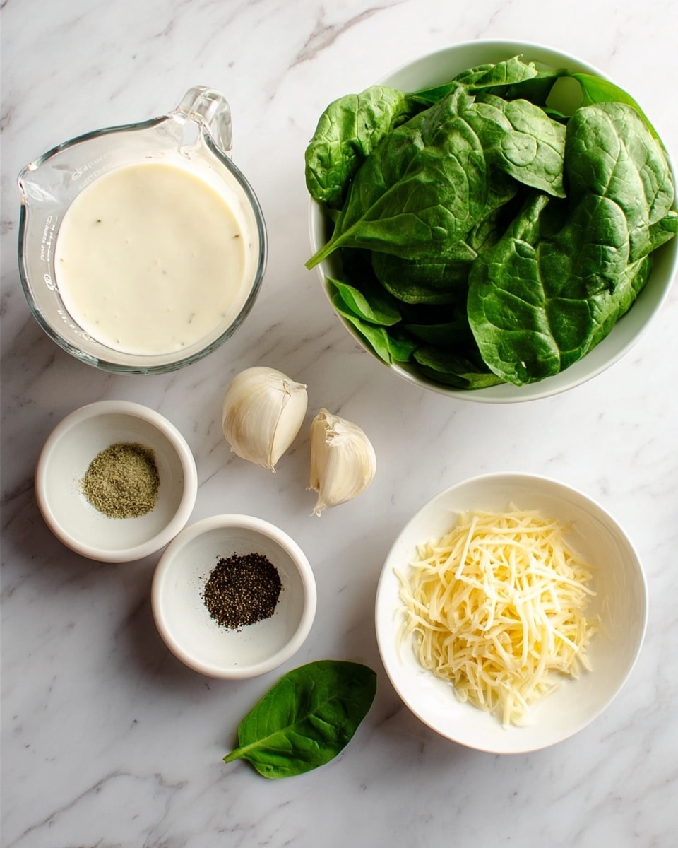 A white marbled surface holds ingredients for a dish: at the top right, a white bowl full of fresh bright green spinach leaves; below it, a small white bowl filled with light yellow shredded cheese; to the left of the cheese, two whole garlic cloves placed side by side; above the garlic, a white bowl containing four small piles of spices in colors of black, white, light beige, and green; top left, a clear glass measuring cup with a creamy white liquid inside; finally, a single fresh green basil leaf rests on the marble near the spices. Photo taken with an iphone --ar 4:5 --v 7
