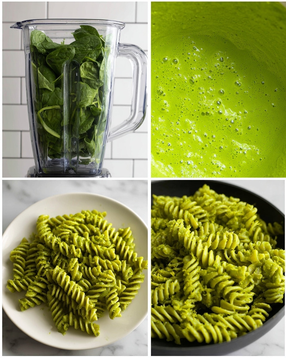 A collage of four images showing the process of making green pesto pasta. The first image shows a clear blender container filled halfway with fresh spinach leaves and light green creamy ingredients at the bottom, set against a white subway tile background. The second image is a close-up of the bright green, smooth sauce inside the blender, showing some small bubbles and a slightly thick texture. The third image displays cooked spiral pasta coated evenly in the bright green pesto sauce, placed inside a black pan on a white marbled surface. The fourth image is a close-up of a white plate full of spiral pasta fully mixed with the green pesto, showing some texture details and small bits of zest on top. Photo taken with an iphone --ar 4:5 --v 7